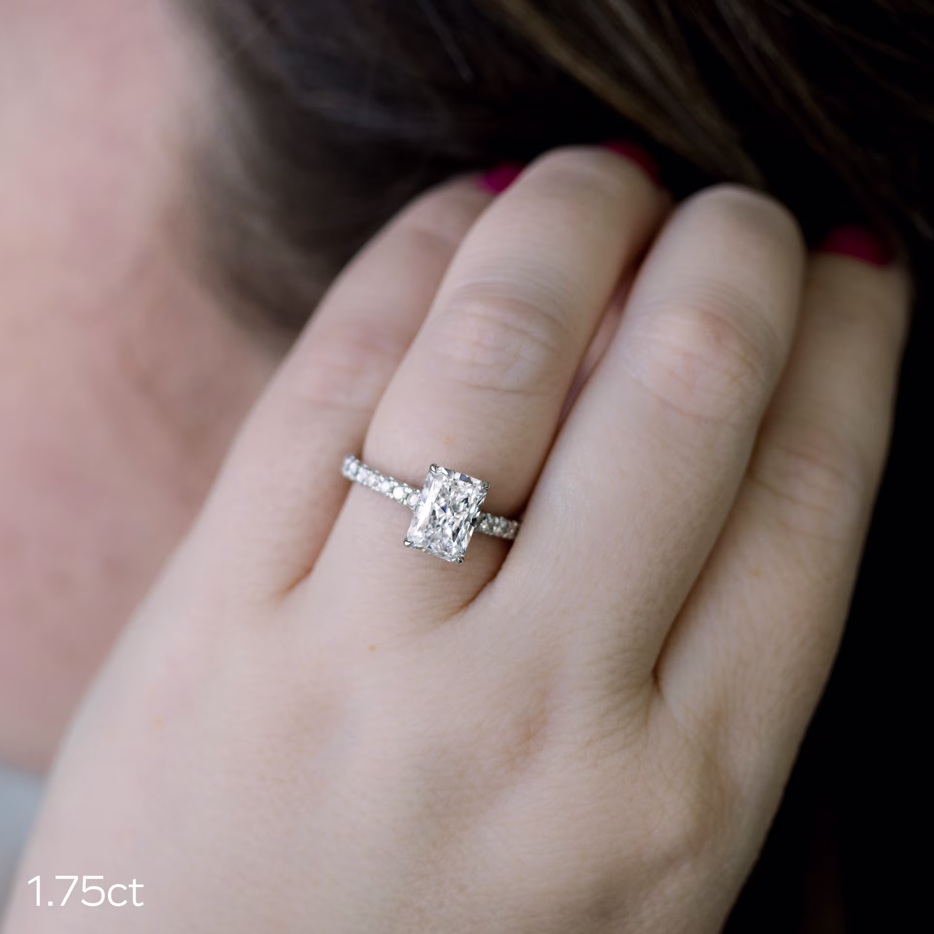 White Gold 1.75ct Radiant Lab Diamond Ring with Pavé Band Ada Diamonds Design AD-353 on Hand