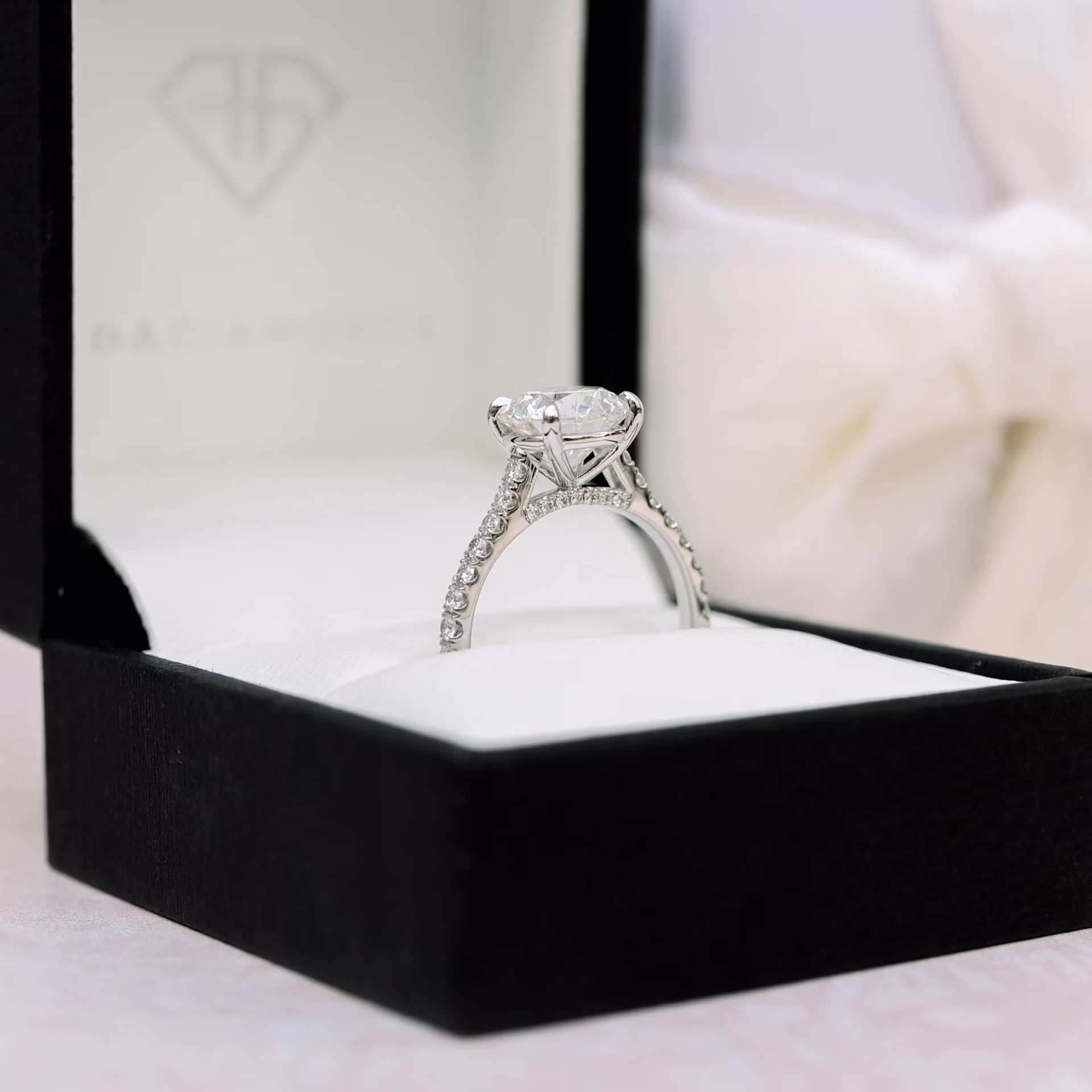 Custom Cathedral Pave Lab Diamond Engagement Ring with Diamond Bridge Profile View Ada Diamonds AD-133