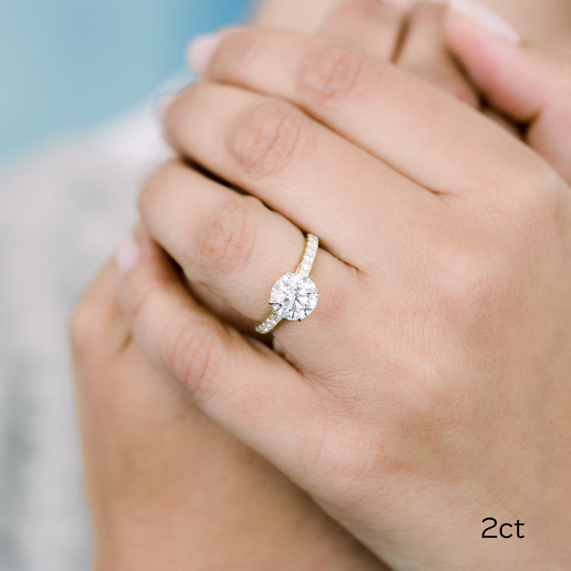 18k Yellow Gold 2ct Round Pavé Lab Diamond Ring Ada Diamonds Design AD-133 on Model