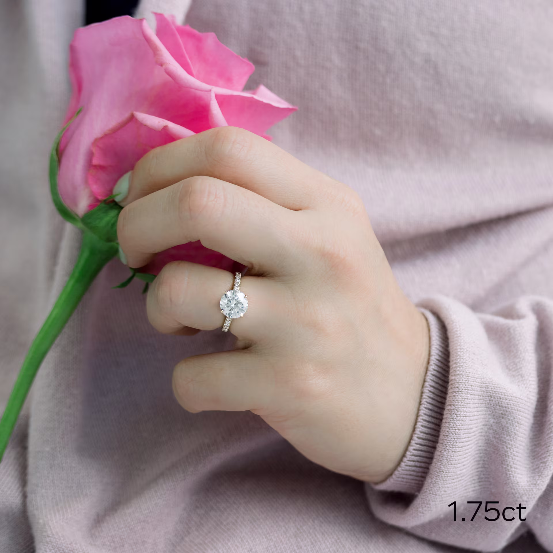 White Gold 1.75ct Round Cathedral Pavé Lab Diamond Engagement Ring Ada Diamonds Design AD-133 on Model