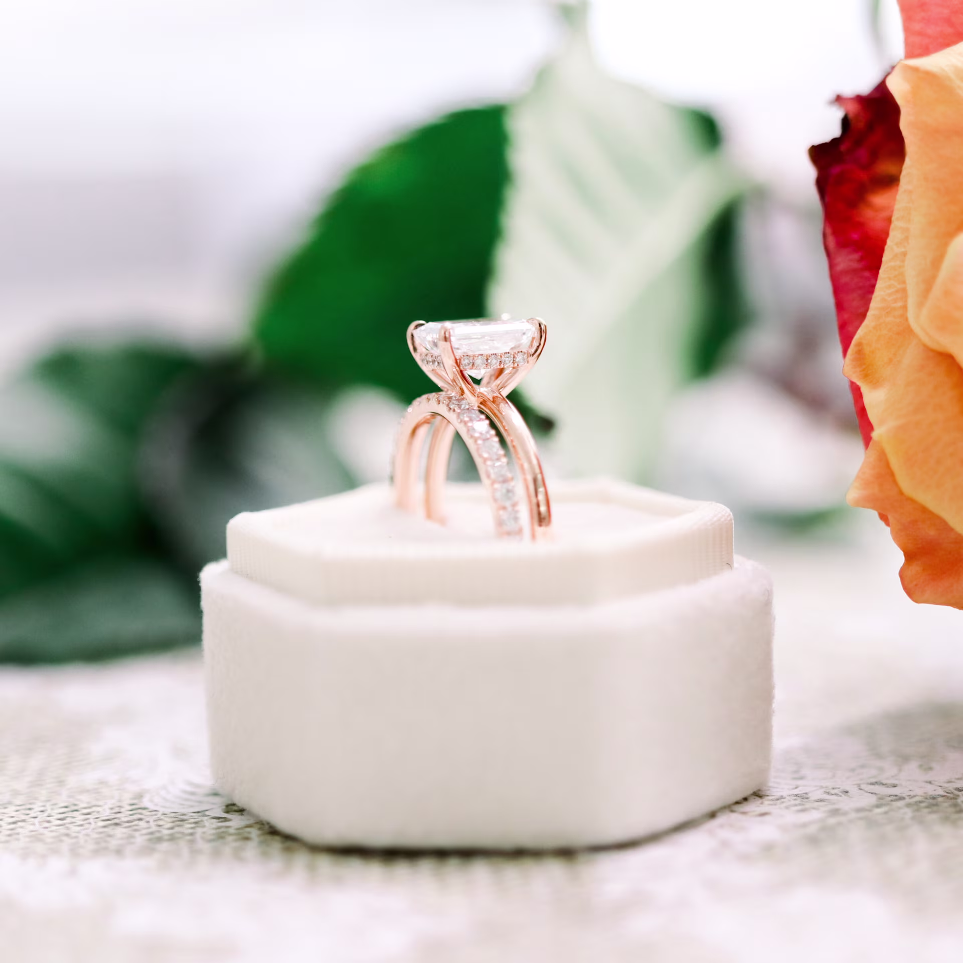 14k Rose Gold Radiant Cut Lab Diamond Wedding Set with 3/4 Eternity Band Ada Diamonds Design AD-250 Profile View