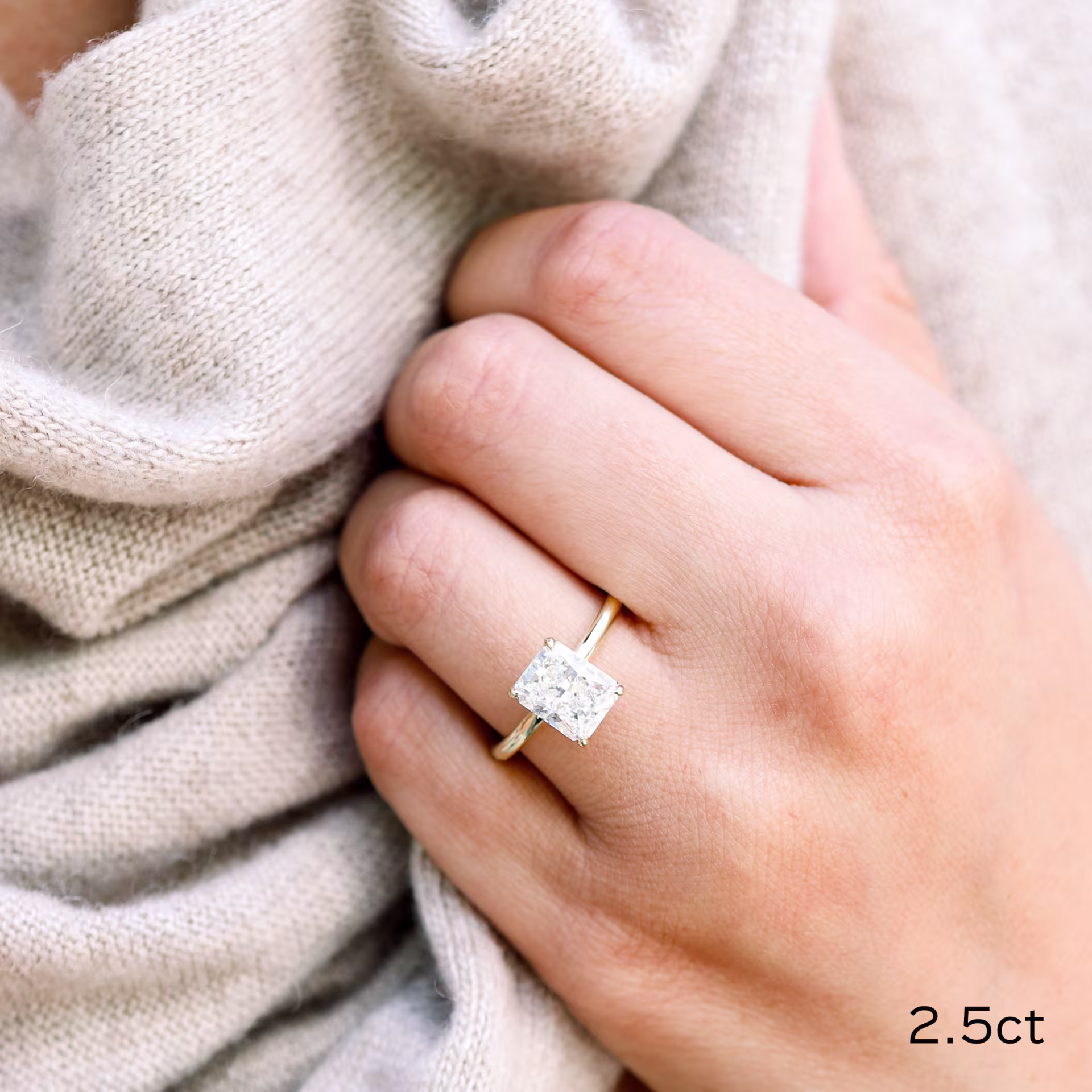 2.5 Carat Radiant Solitaire Engagement Ring in White Gold on Model made with Lab Diamonds Ada Diamonds Design 250