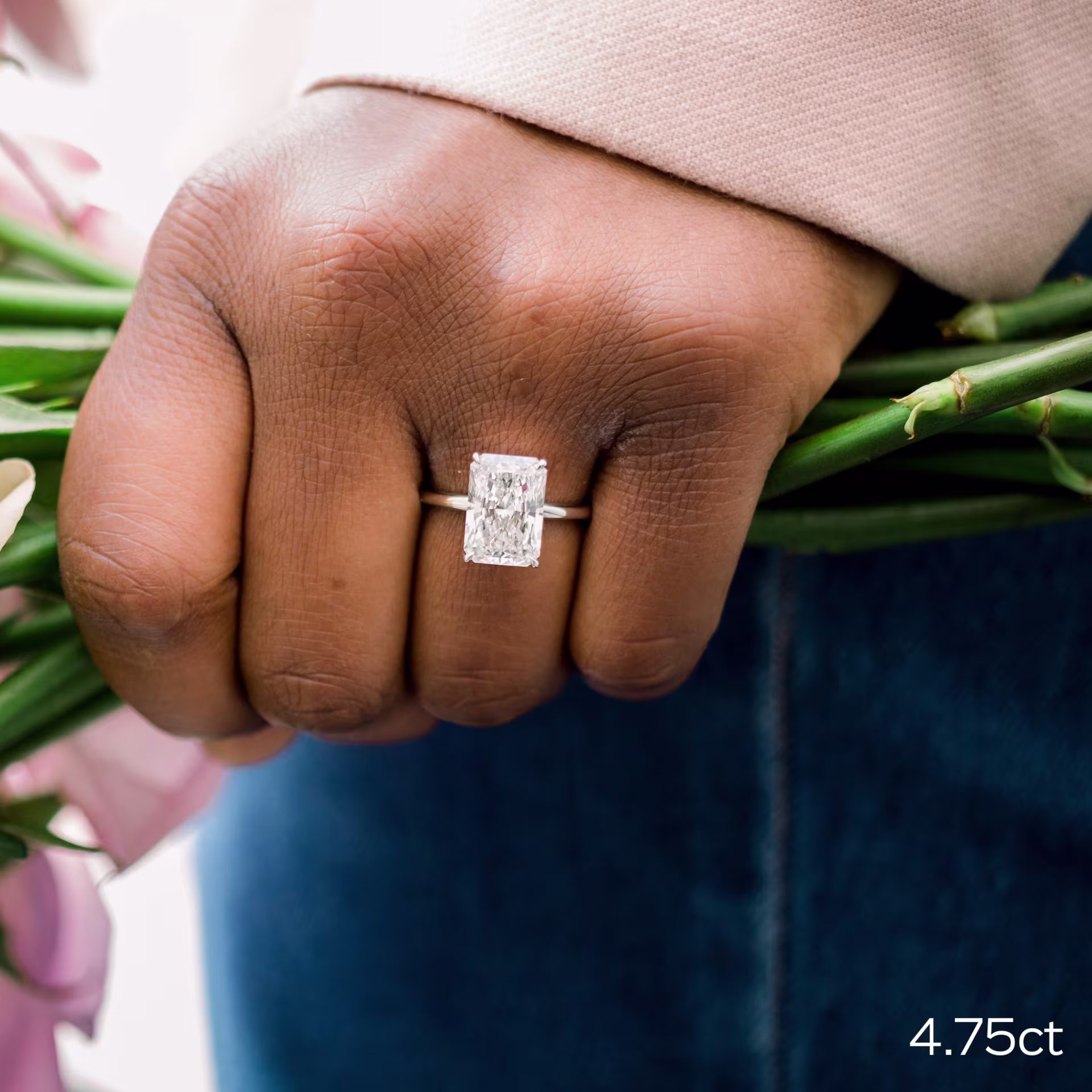 4.75ct radiant cut lab diamond in solitaire