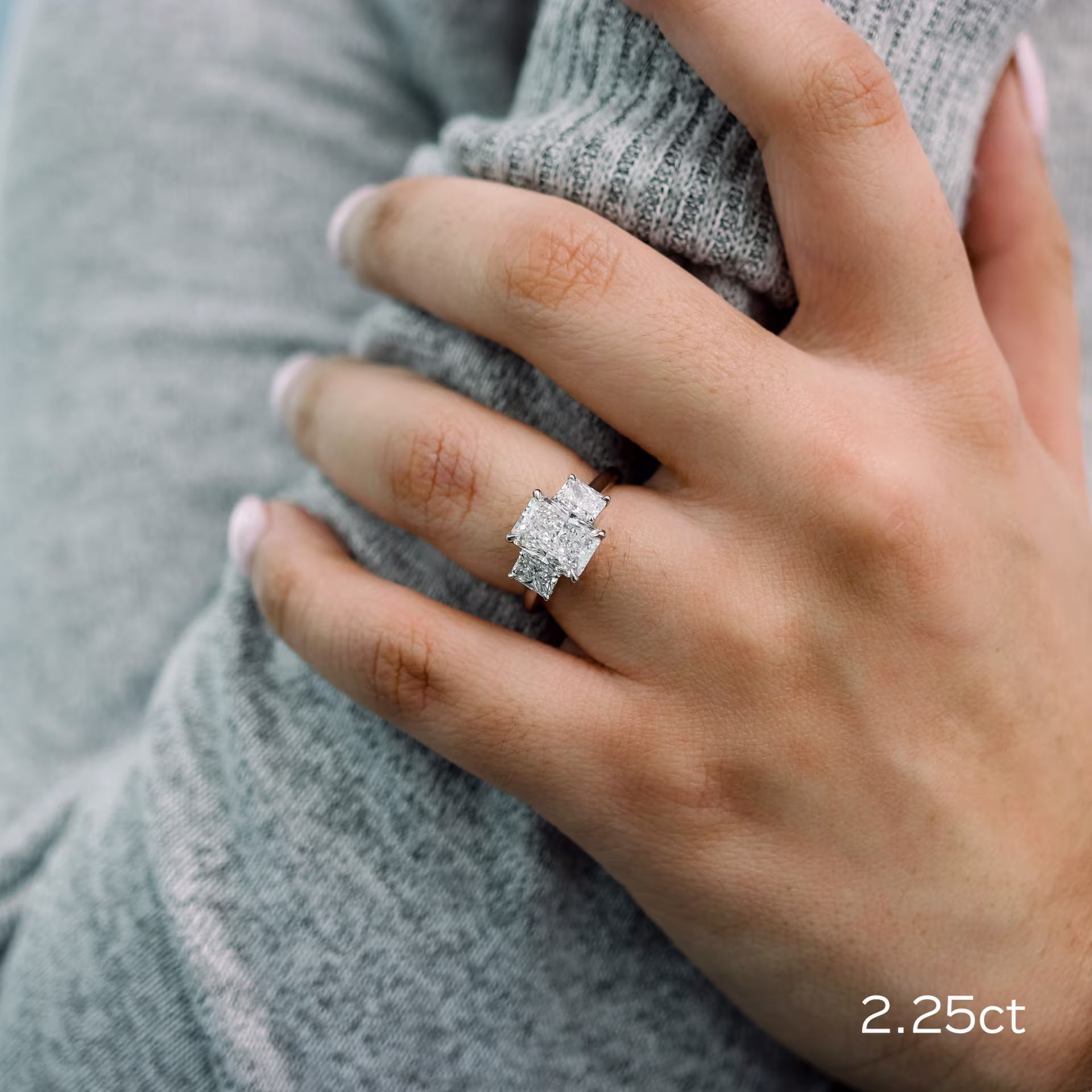 platinum 3.5 carat radiant cut three stone engagement ring with lab created diamonds ada diamonds design ad 484 on model