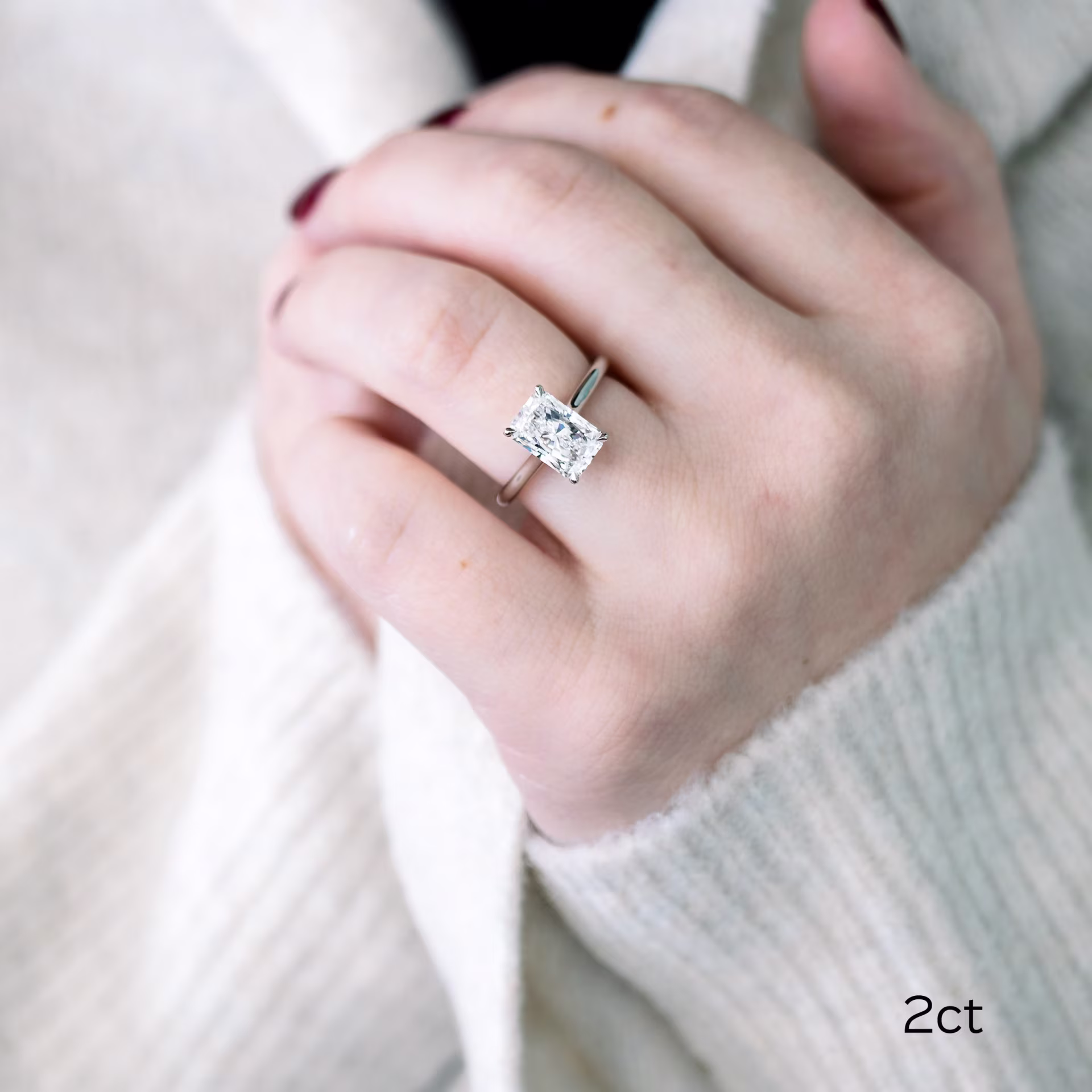 platinum 2 carat radiant lab created diamond in trellis solitaire setting on model ada diamonds design ad 333