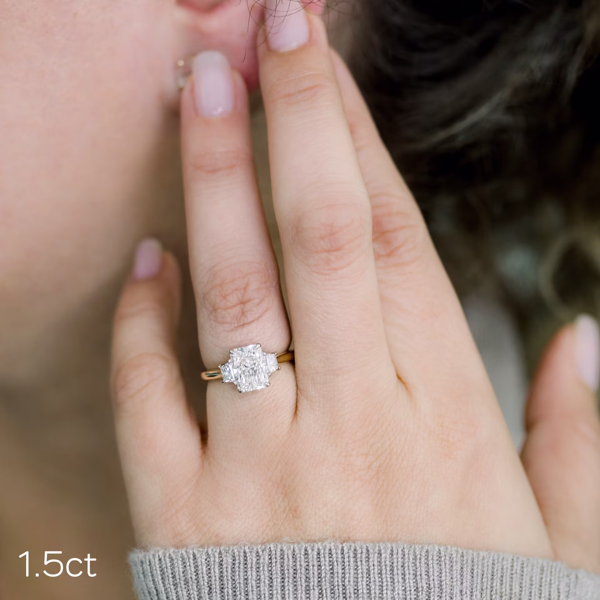 1.5ct radiant cut lab diamond in three stone