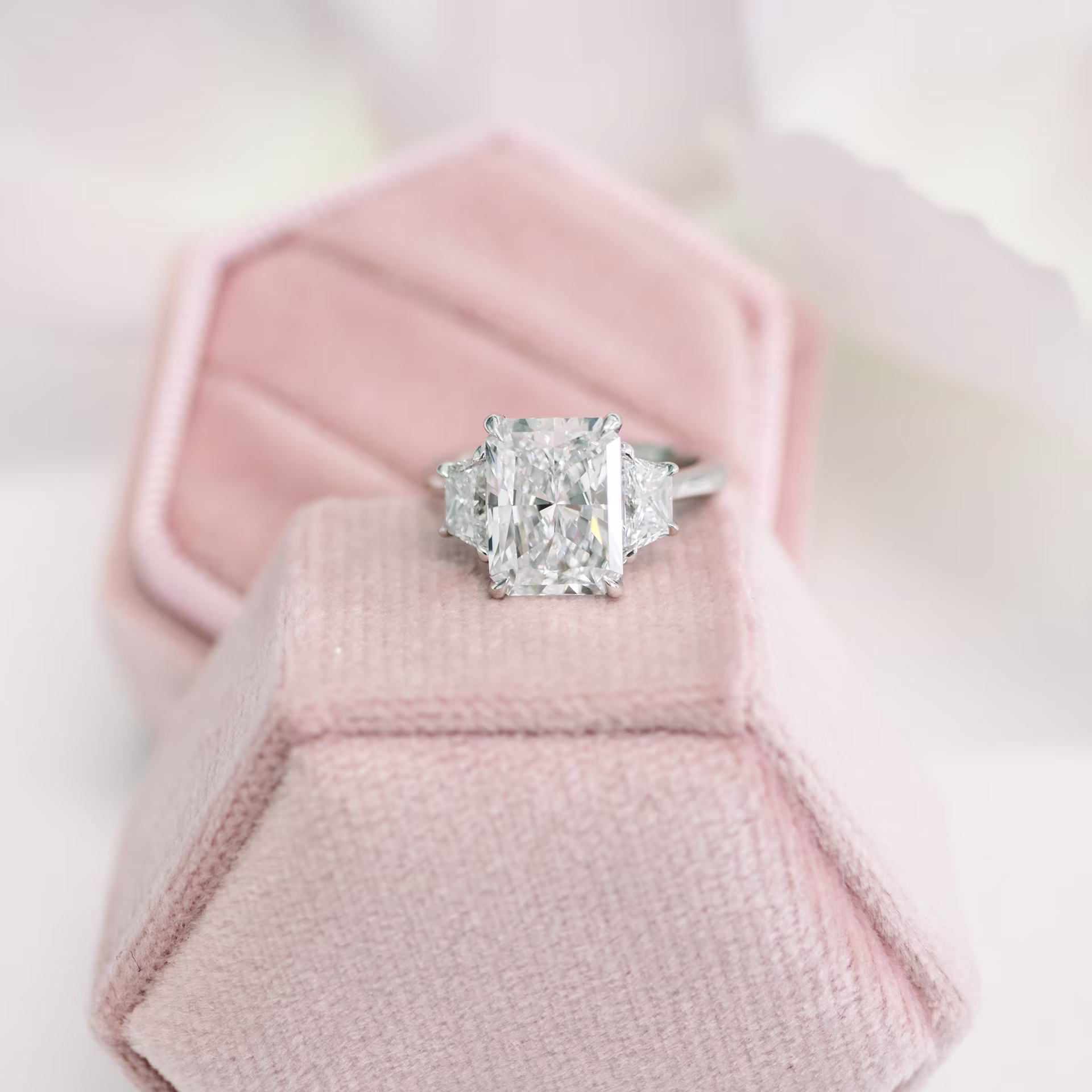 18k white gold 4.5 carat three stone engagement ring with radiant and trapezoid lab grown diamonds ada diamonds design ad 278