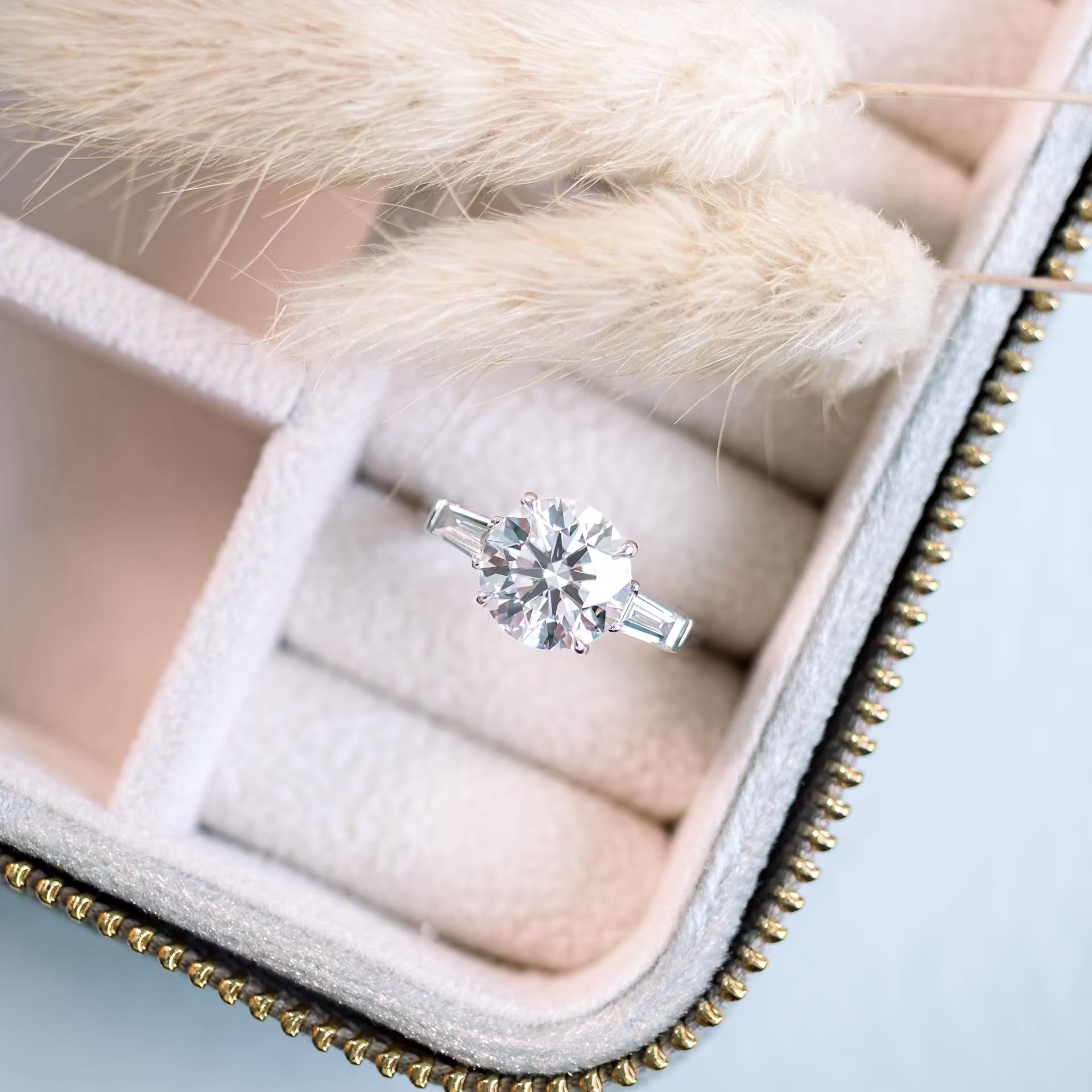 platinum 2.5ct round and baguette three stone lab diamond engagement ring ada diamonds design ad 071 macro