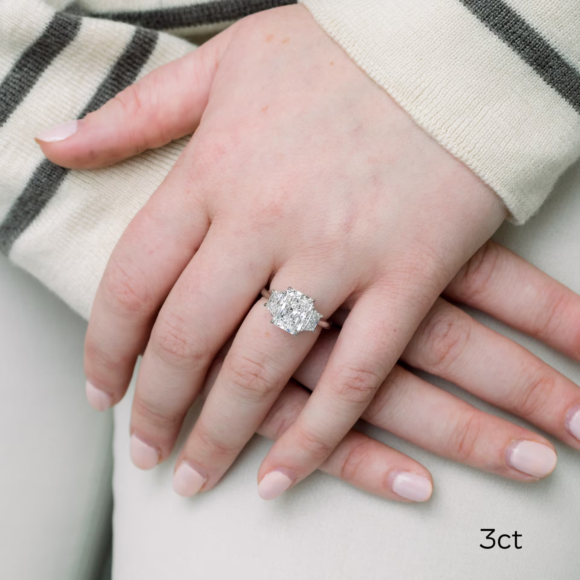 platinum 3 carat radiant cut and trapezoid three stone lab diamond engagement ring ada diamonds design ad 278 on model