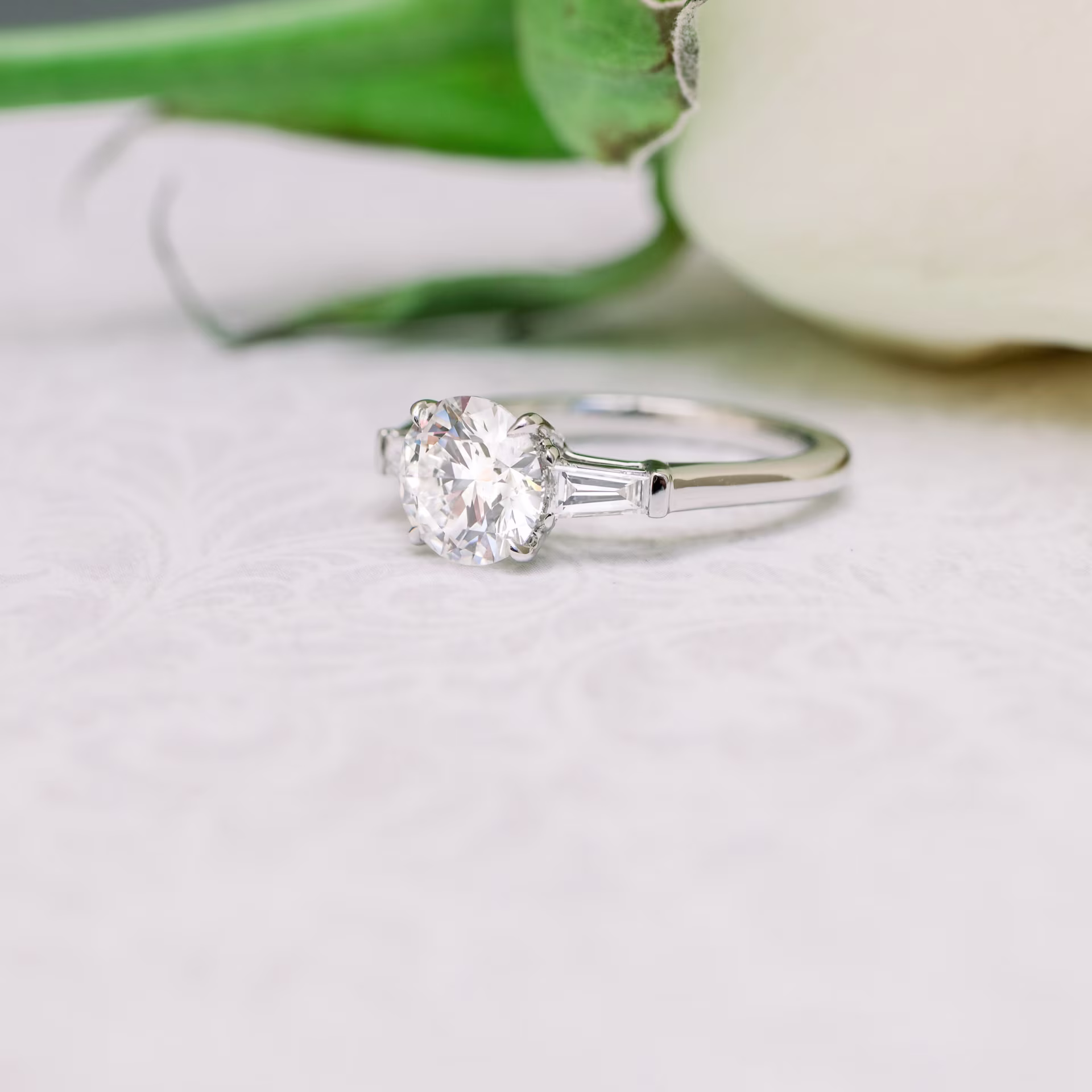 Platinum Three Stone Engagement Ring Setting Featuring Lab Grown 2 carat Ideal Round and Baguette Side Stones Ada Diamonds Design AD-071