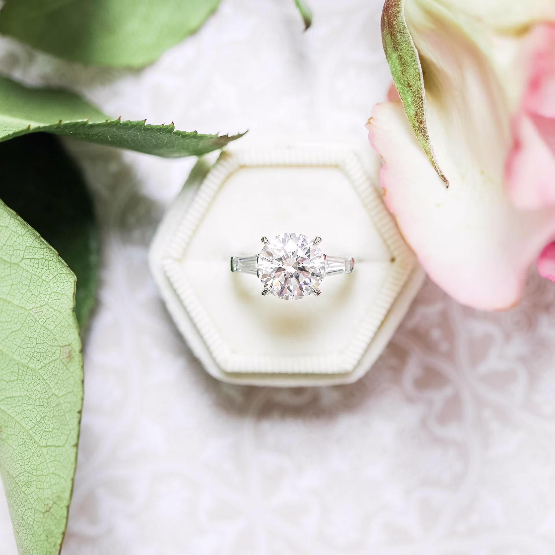 Custom Platinum Three Stone Setting with Man Made Round and Baguette Diamonds Ada Diamonds Design AD-071