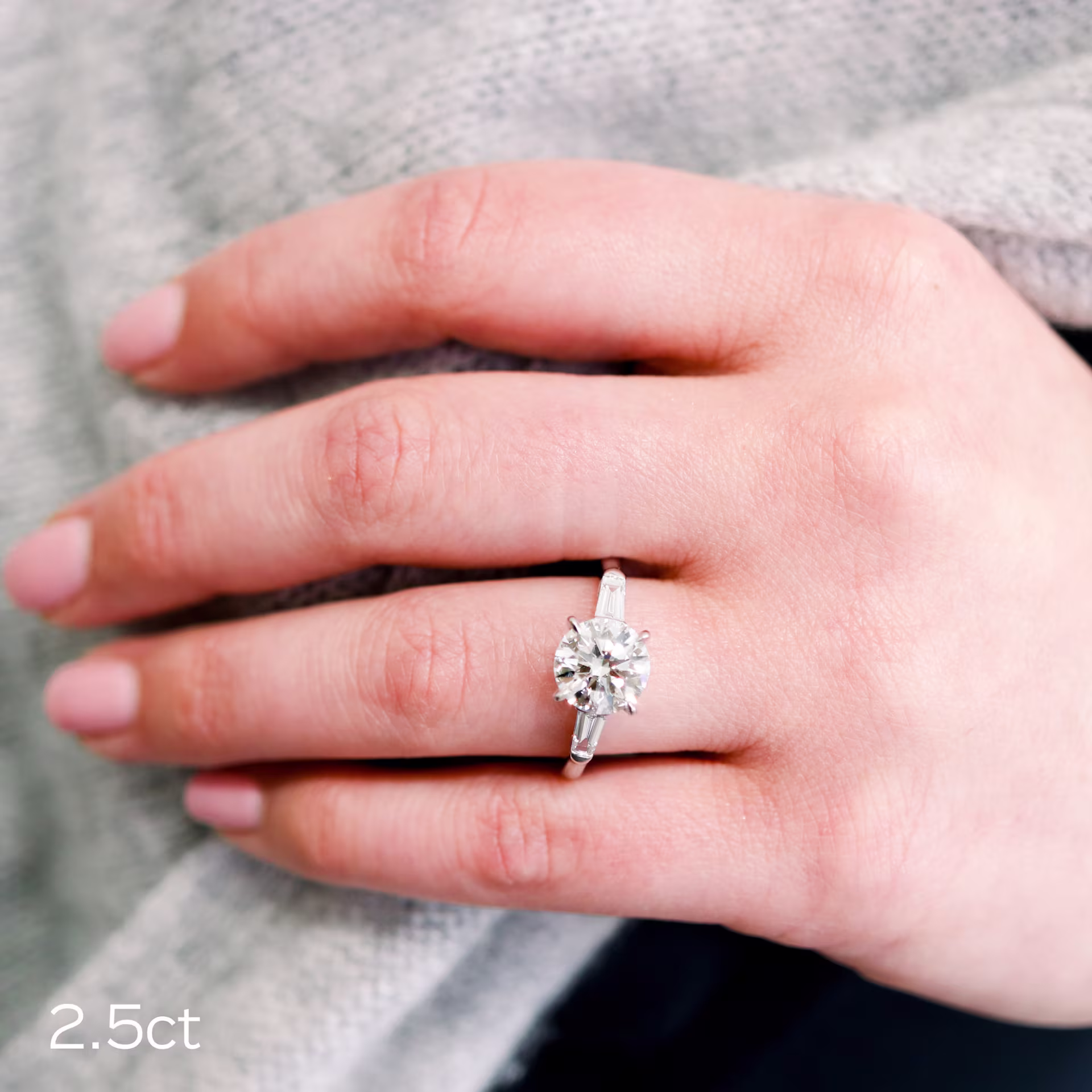 18 karat White Gold Round and Baguette Setting Featuring a GIA Graded 2.5ct Excellent Round Lab Grown Diamonds Ada Diamonds Design AD-071