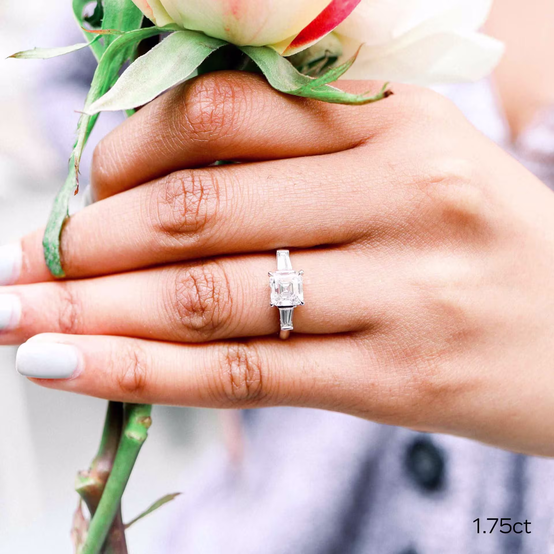 1.75ct lab grown asscher cut diamond with baguette side stone set in a platinum ring setting