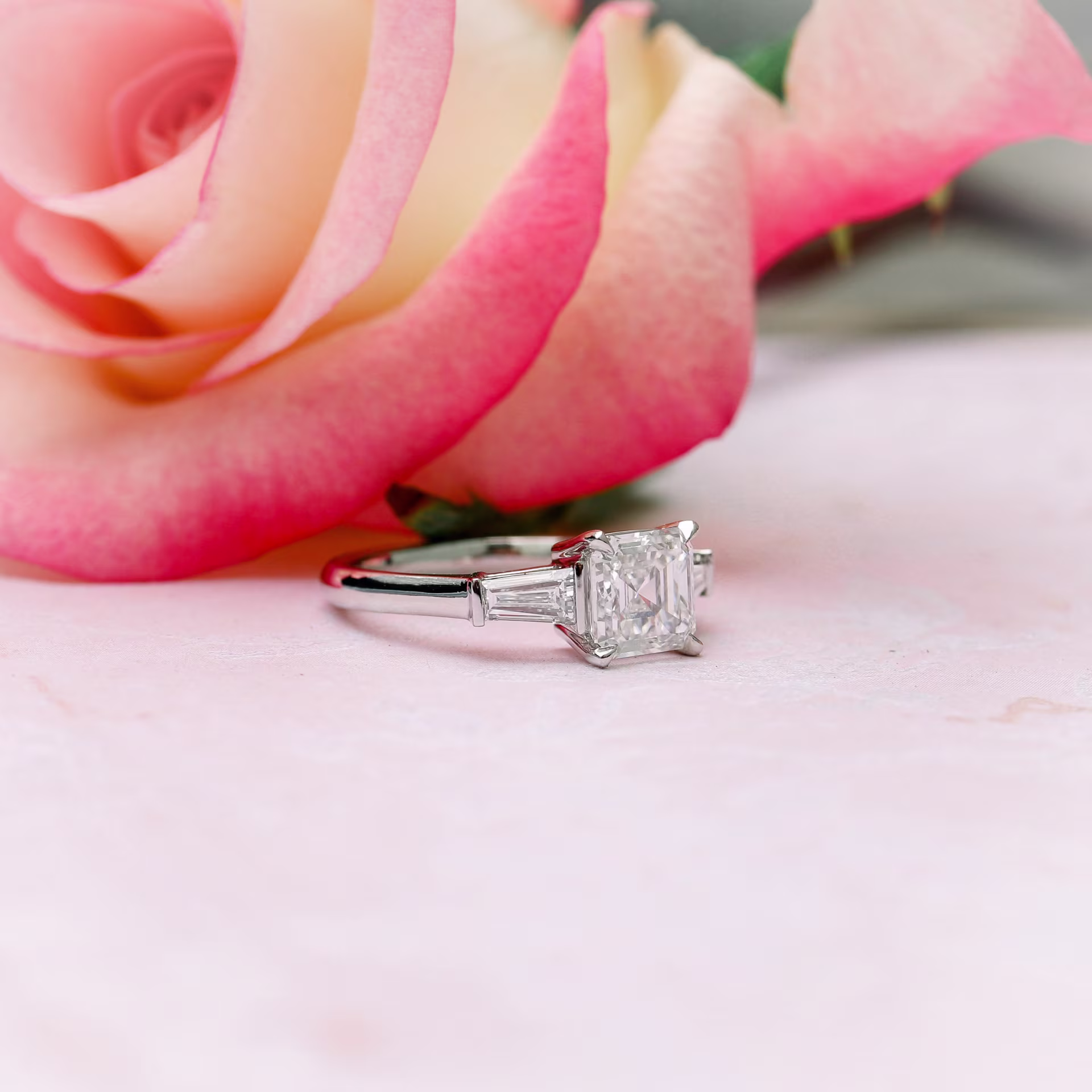 custom laboratory grown asscher and baguette ring set in white gold