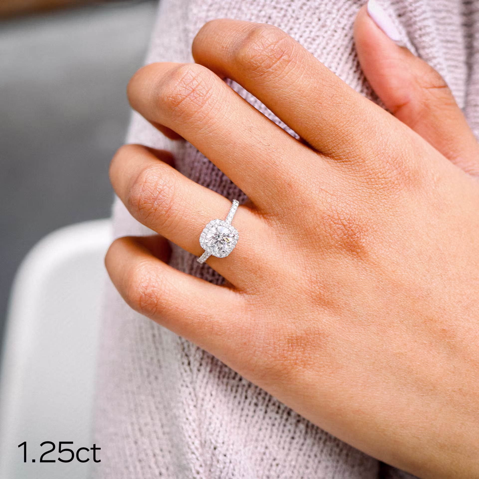 White Gold 1.25 Carat Round Lab Diamond with Halo and Diamond Band Ring Ada Diamonds Design AD-080 on Model