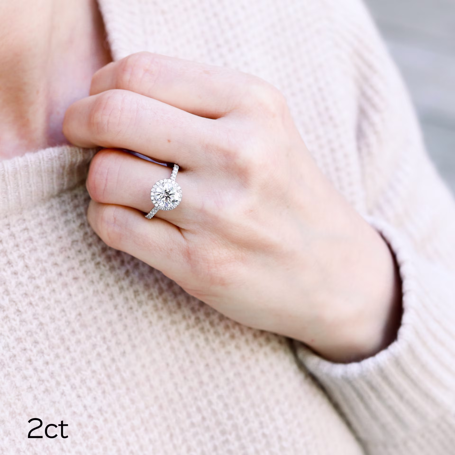 Platinum 2ct Round Lab Created Diamond Custom Halo Engagement Ring Ada Diamonds Design AD-080 on Model