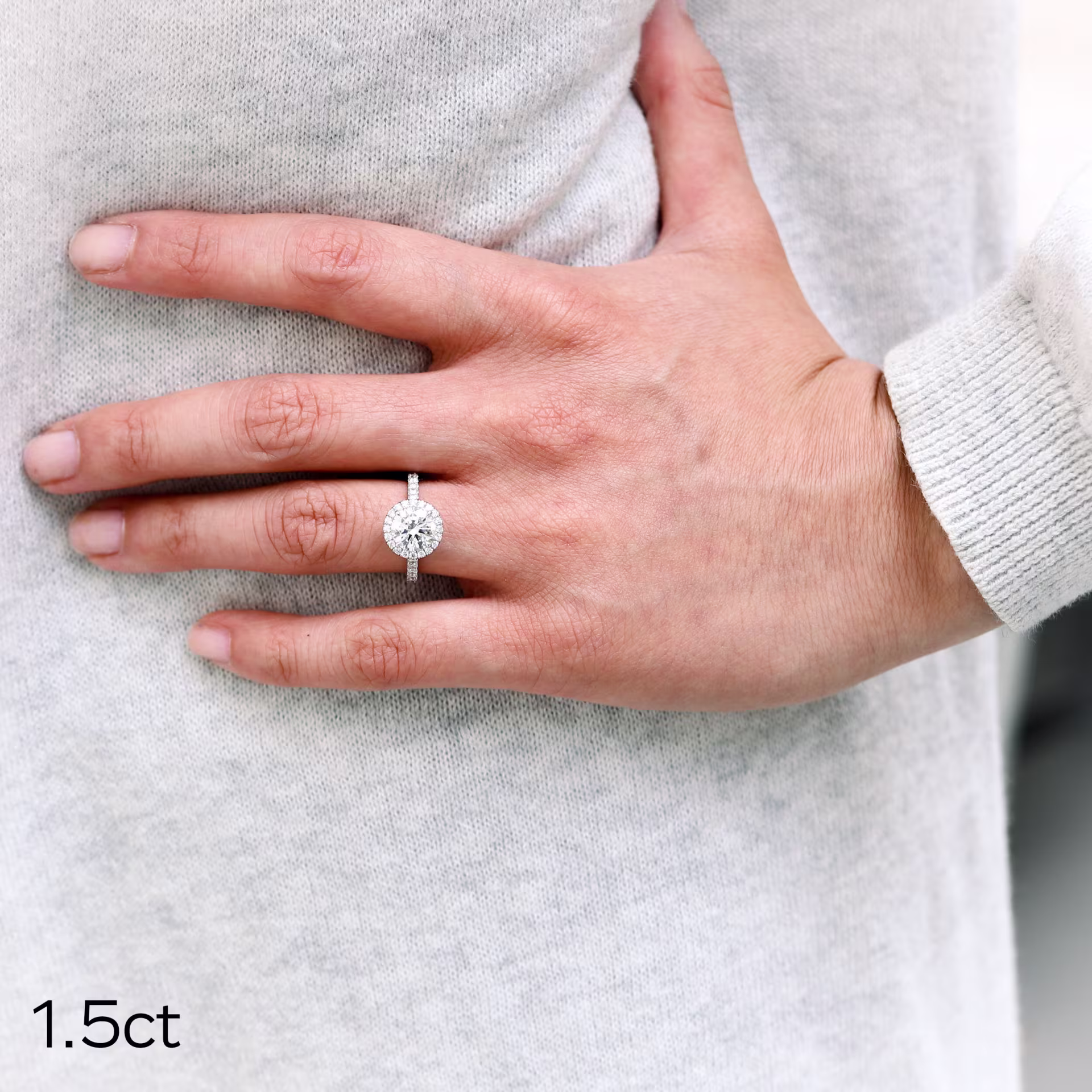 Platinum 1.5 Carat Round Lab Created Diamond Engagement Ring with Halo and Pavé Band Ada Diamonds Design AD-080 On Model