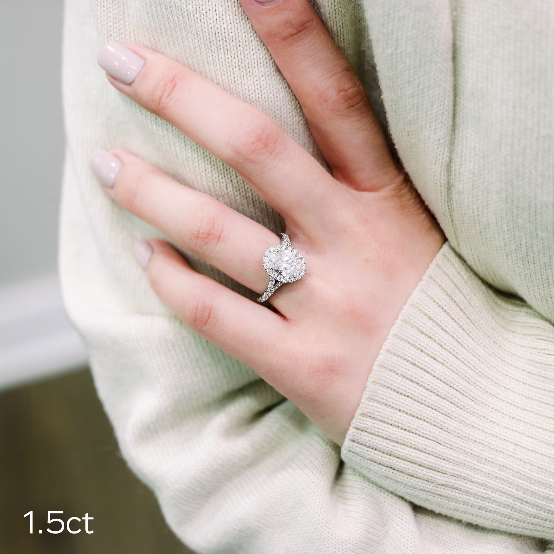 platinum oval lab grown diamond halo split shank ring ada diamonds design ad-161 on model