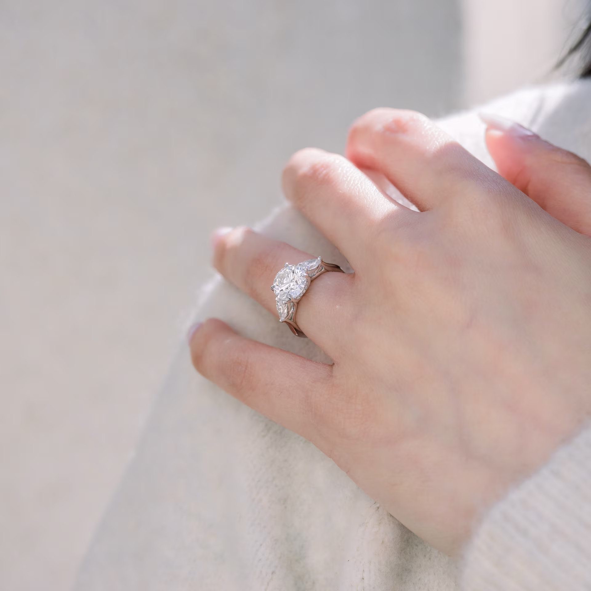 2.25 Carat Lab Diamonds set in Platinum Round and Pear Diamond Engagement Ring (Profile View)