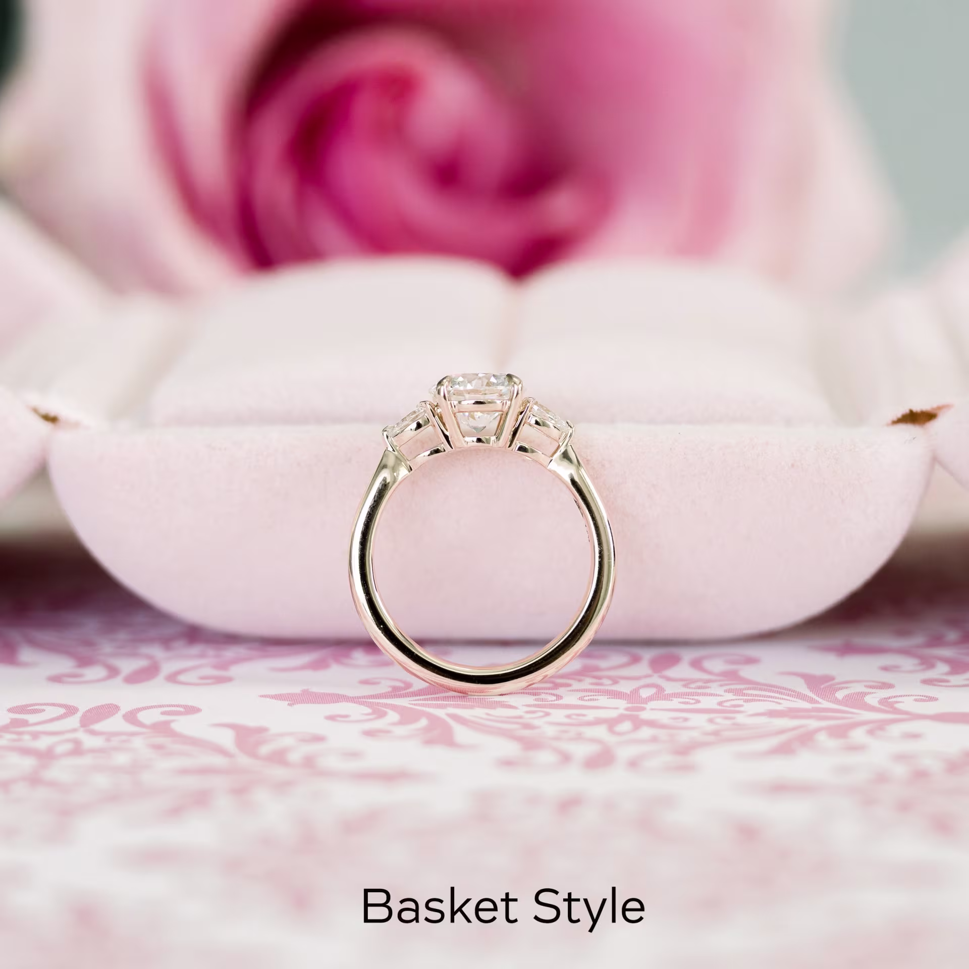 14k rose gold three stone round and pear lab diamond engagement ring ada diamonds design ad 456 profile view