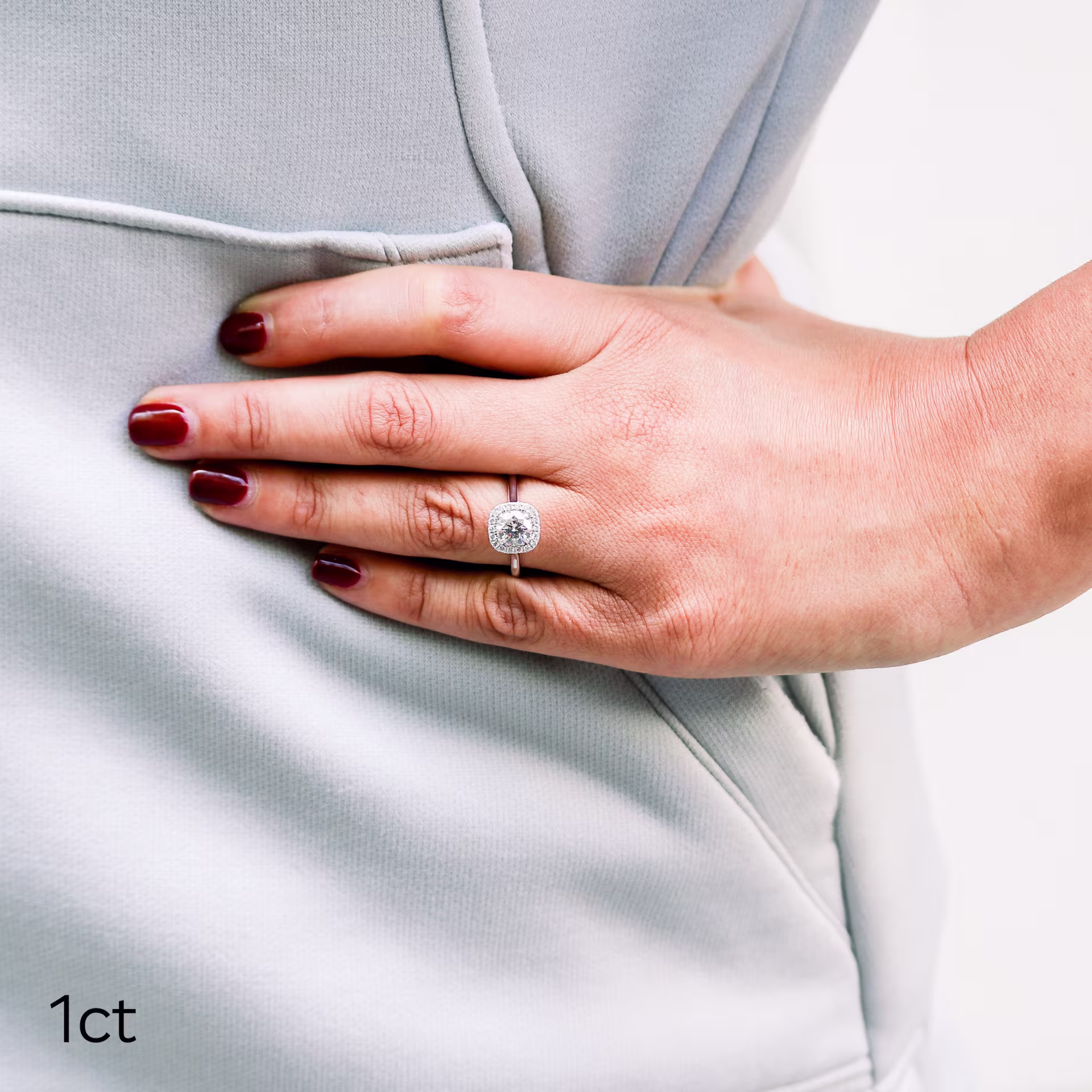 White Gold Halo Engagement Ring with 1 Carat Round Lab Diamond Ada Diamonds Design AD-073 on Model