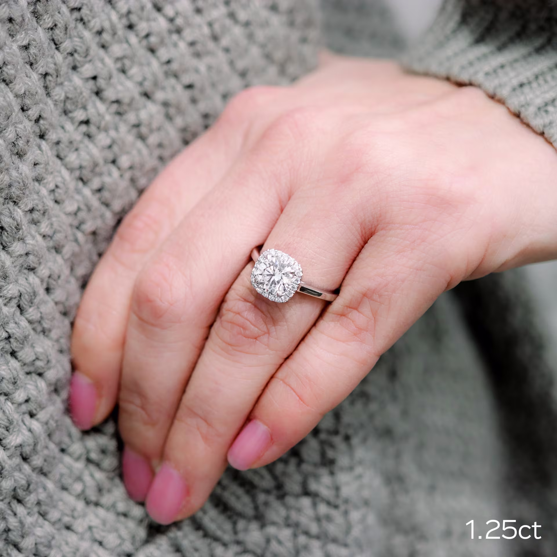 Platinum 1.5 Carat Round Man Made Diamond Halo Engagement Ring Ada Diamonds Design AD-073 on Hand