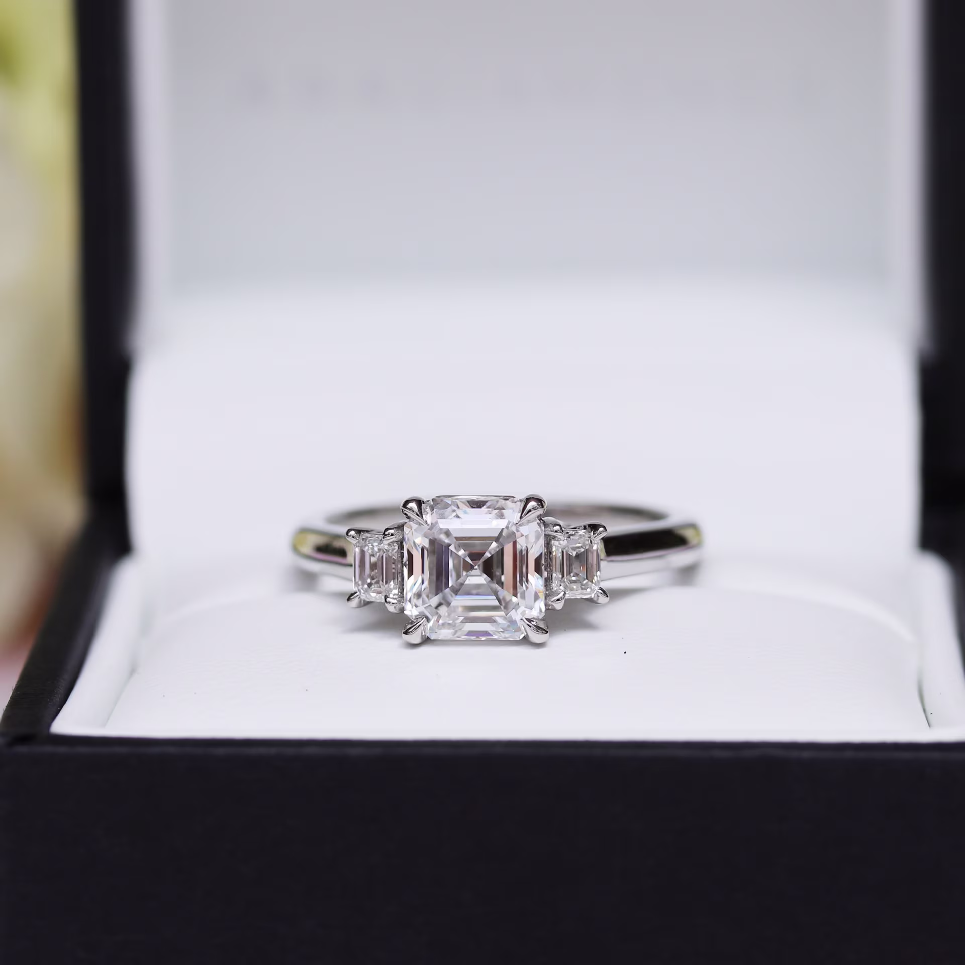 custom lab grown diamond asscher and emerald ring