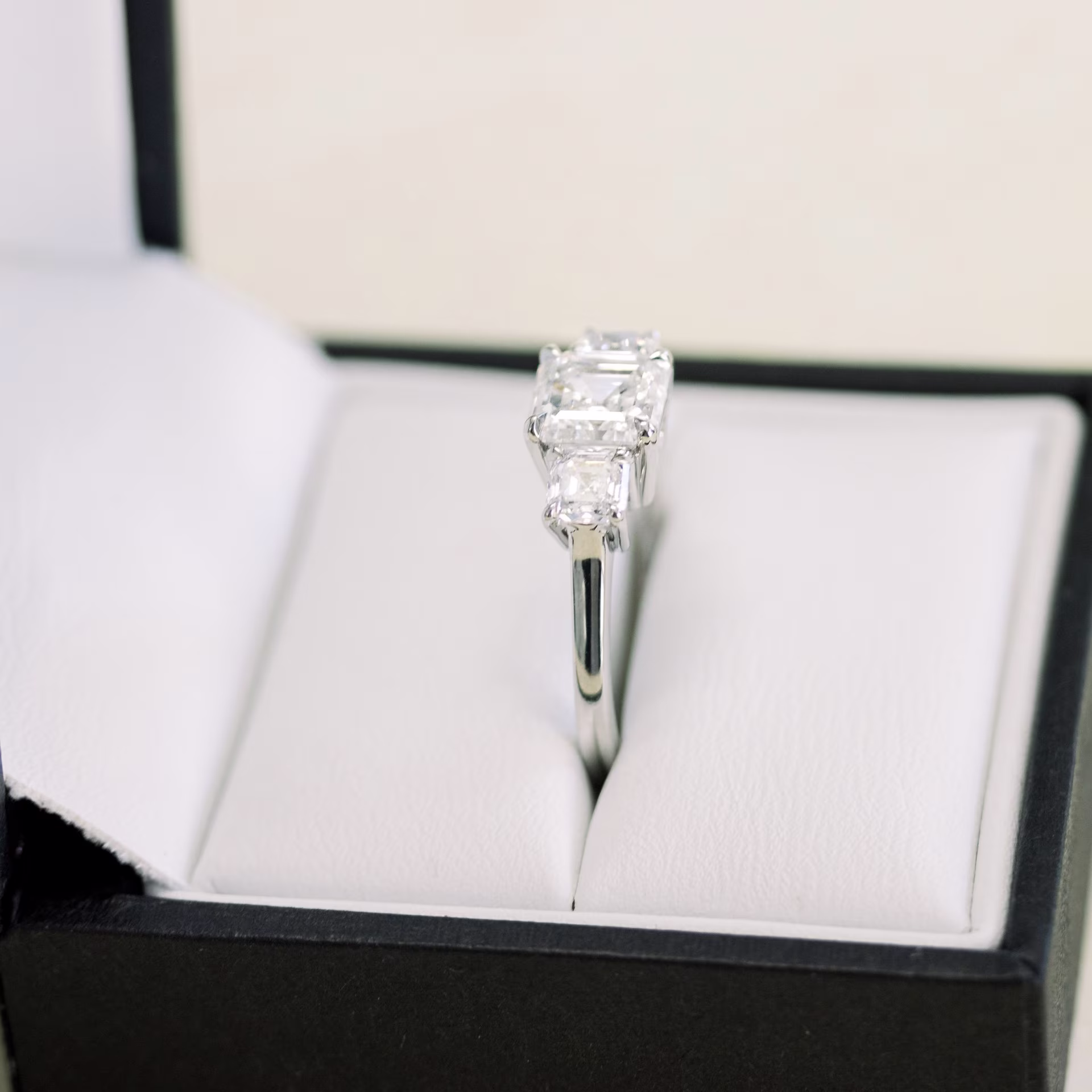 asscher cut three stone lab diamond engagement ring