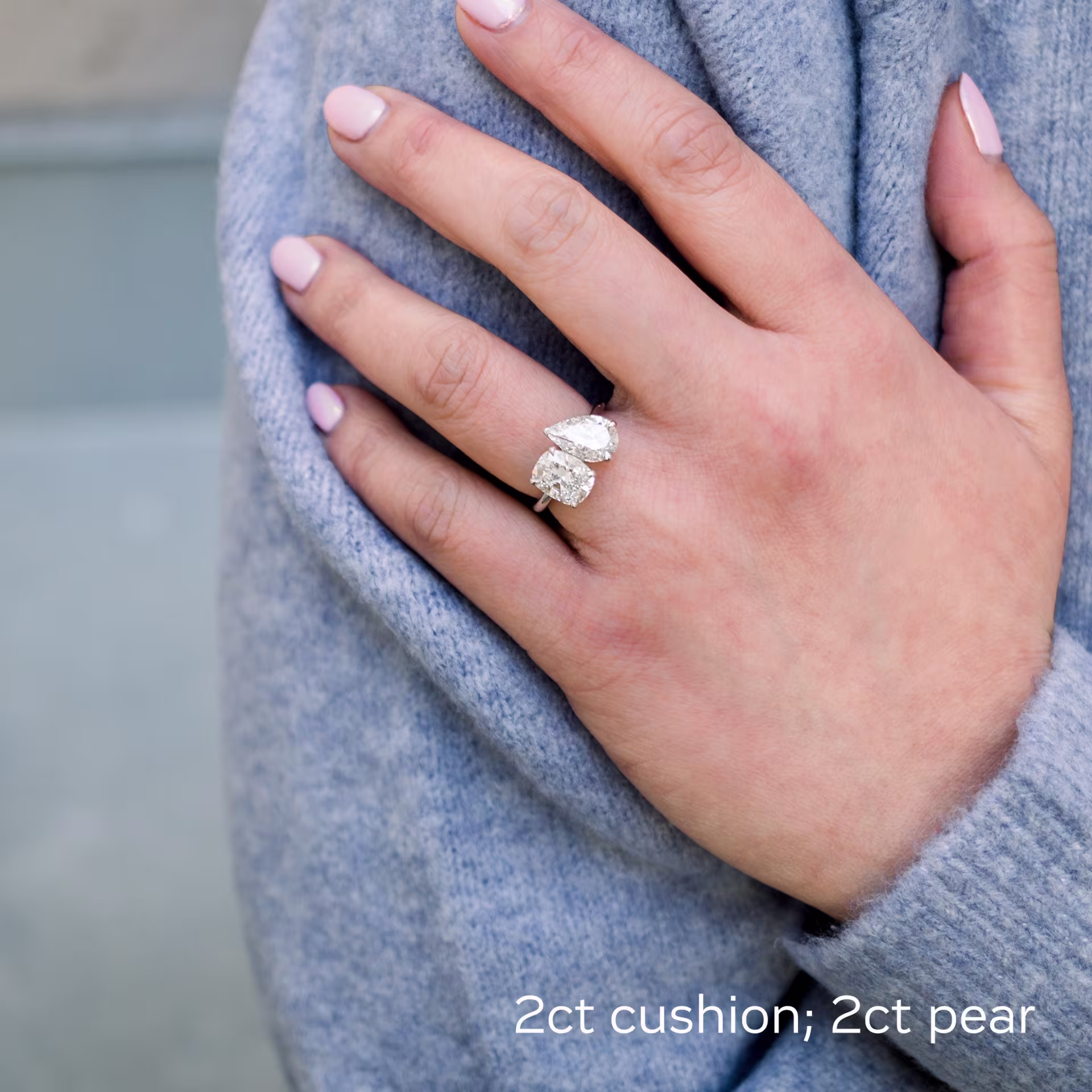 platinum cushion and pear toi et moi lab diamond two stone engagement ring on model ada diamonds design ad 363