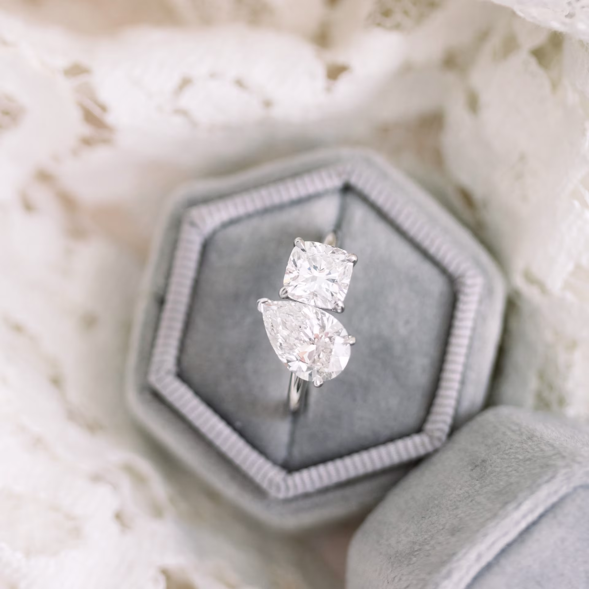 cushion and pear lab diamond engagement ring white gold