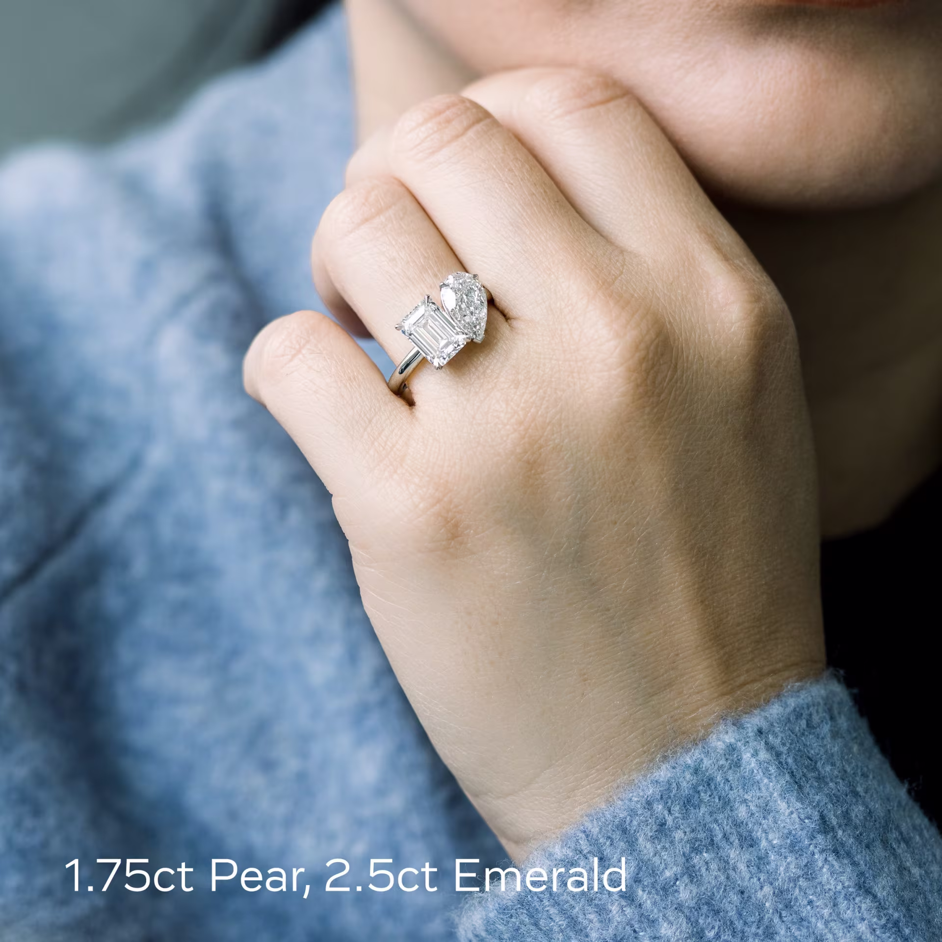 platinum 4ct pear and emerald toi et moi lab diamond engagement ring on model ada diamonds design ad 363