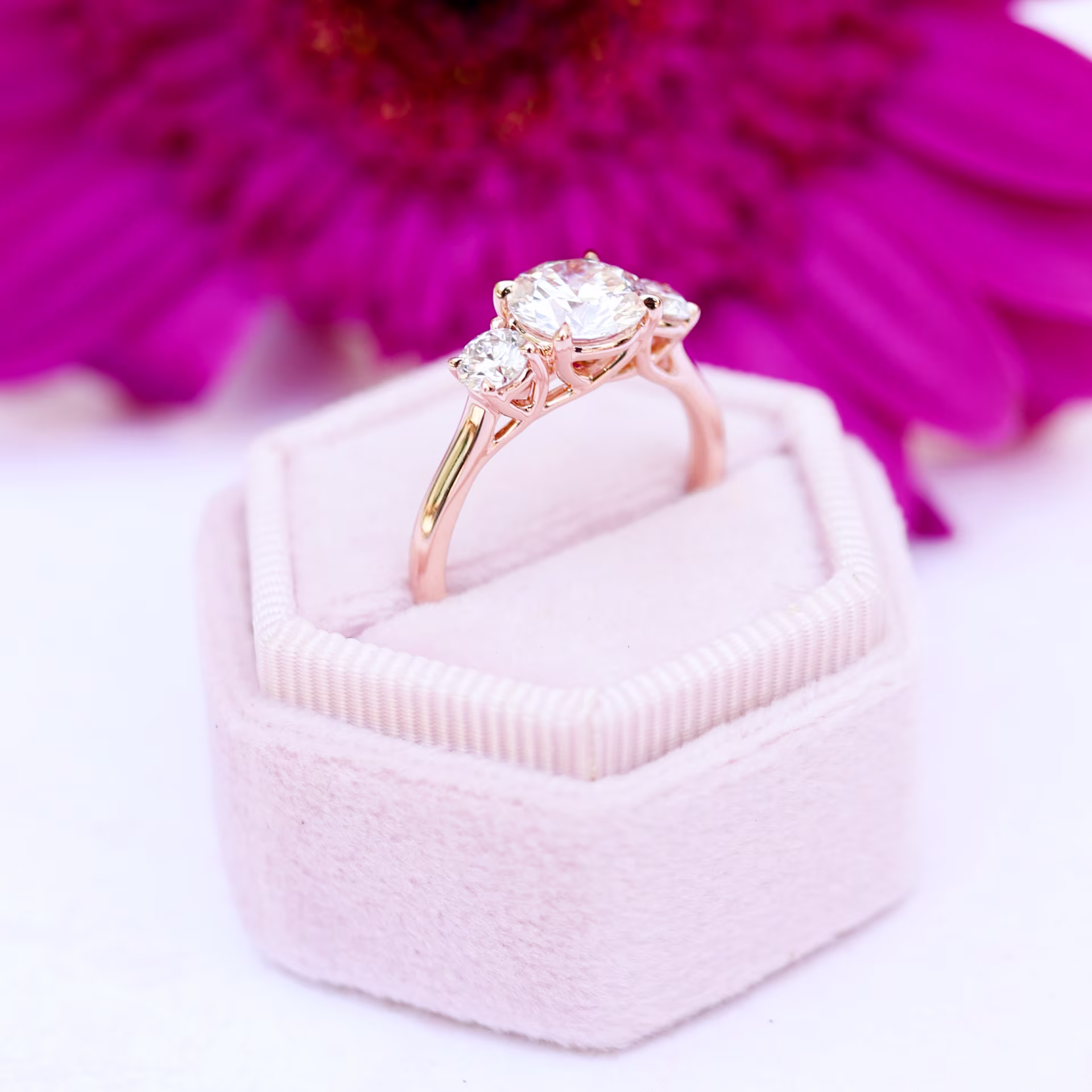 18k Rose Gold Three Stone Round Engagement Ring With Lab Grown Diamonds Ada Diamonds Design Number AD-070 Artistic Profile photo of ring