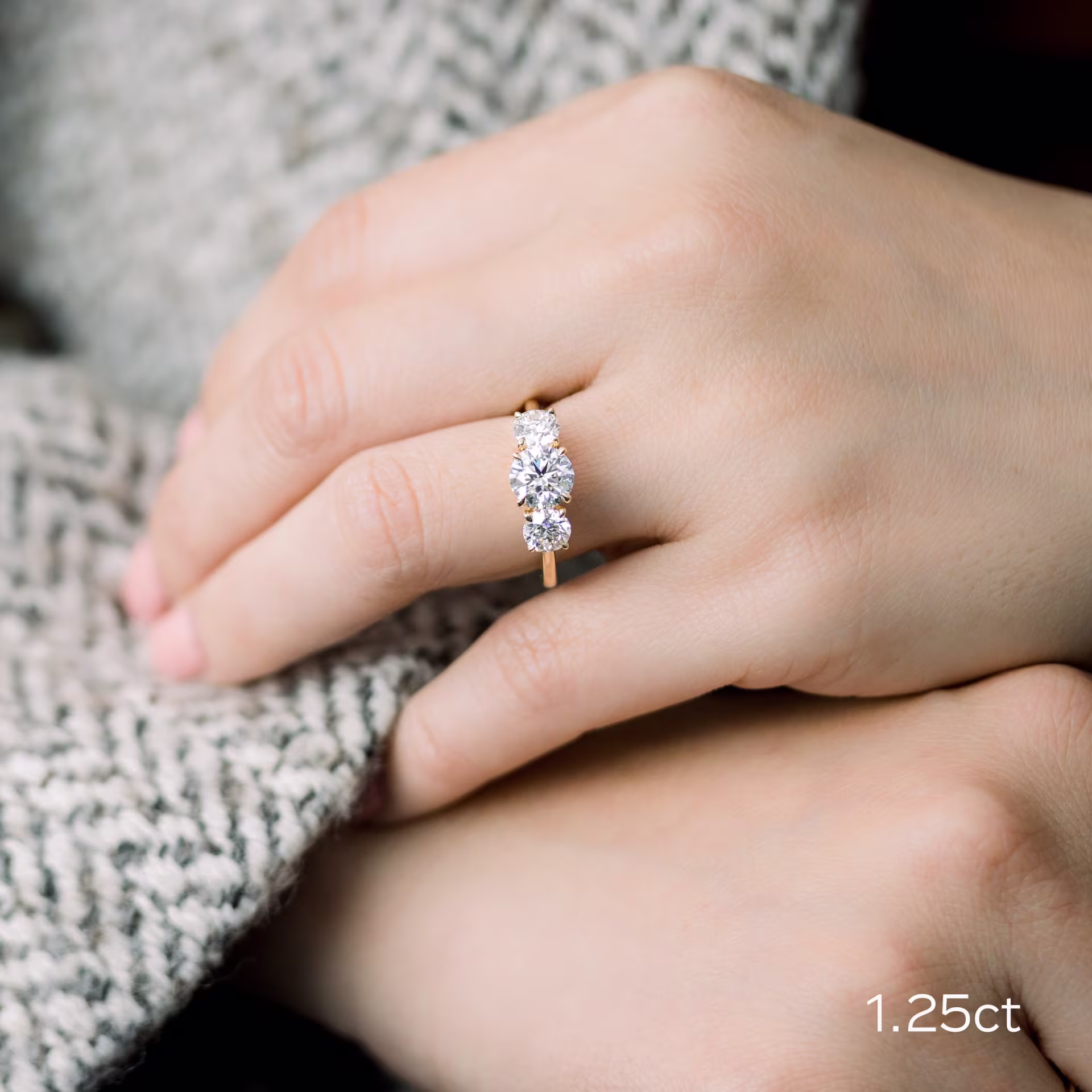 yellow gold 2 ct round three stone lab diamond engagement ring ada diamonds design ad070 on model