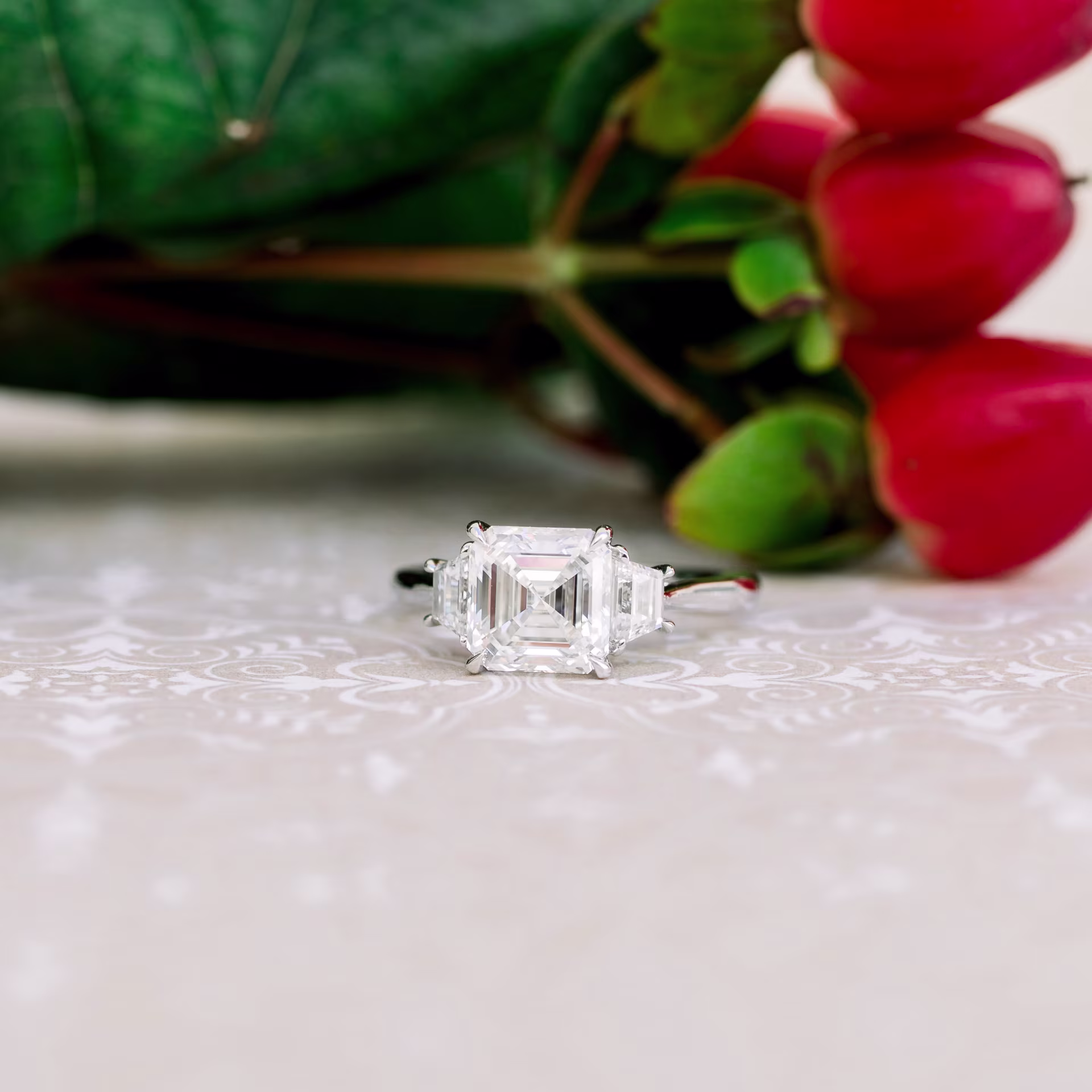 18k White Gold 2 Carat Asscher and Trapezoid Lab Diamond Three Stone Ring Ada Diamonds Design AD-494 Artistic