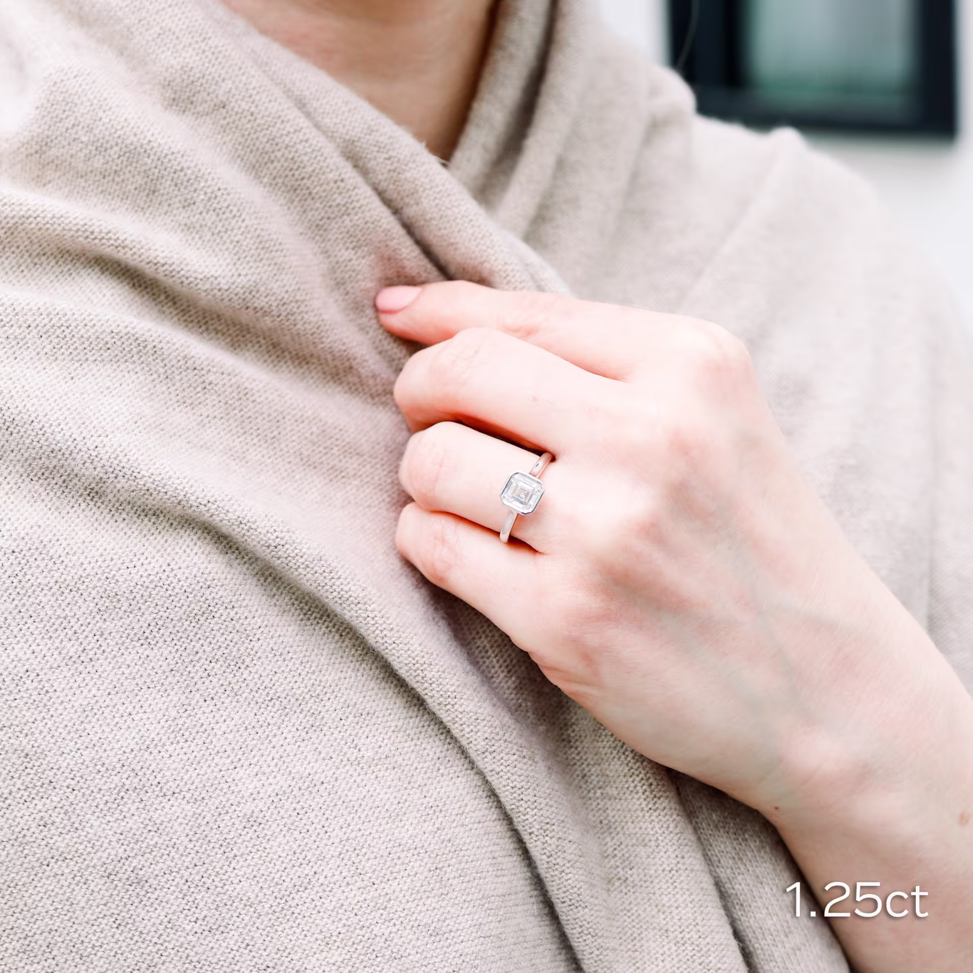 Platinum Asscher Cut Lab Diamond Solitaire in Bezel Setting Ada Diamonds Design AD-148 on Model