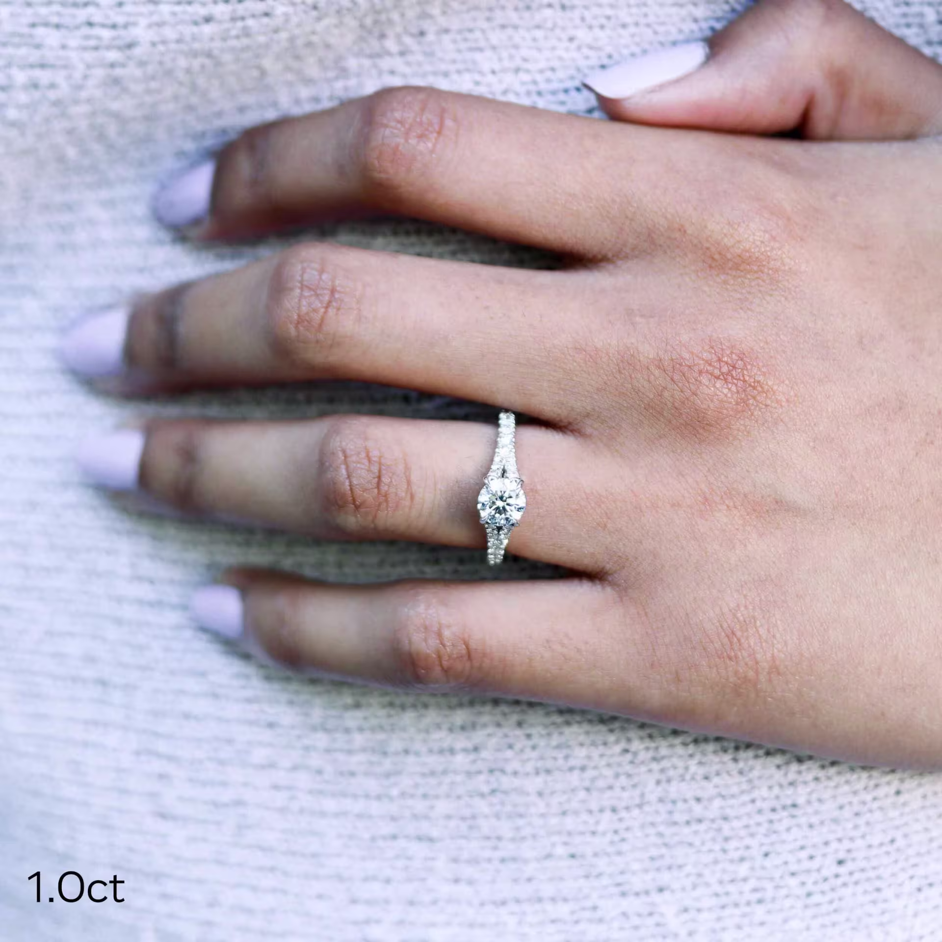 1ct round lab diamond in trellis split shank setting in white gold