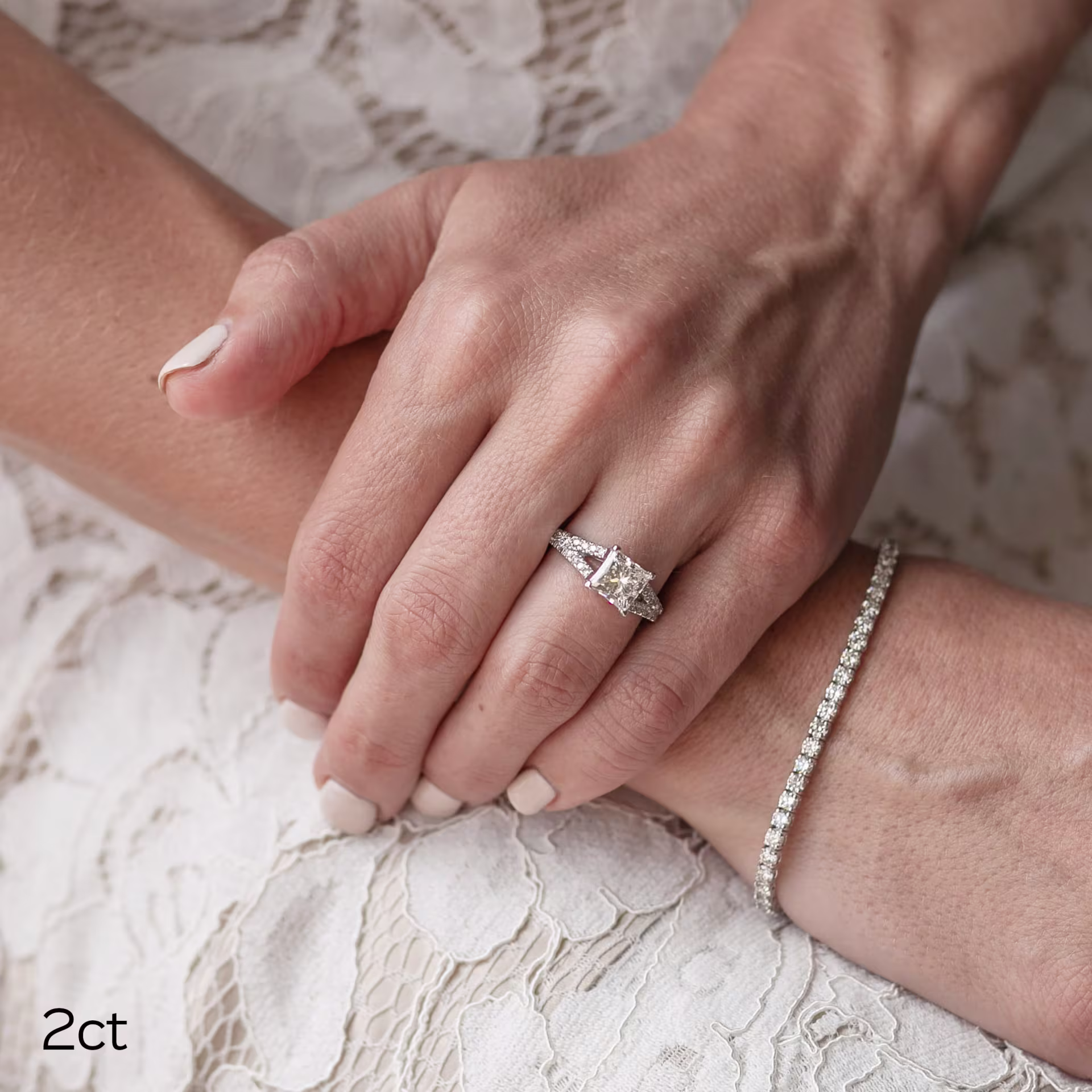 2ct princess cut lab diamond in trellis split shank setting in white gold