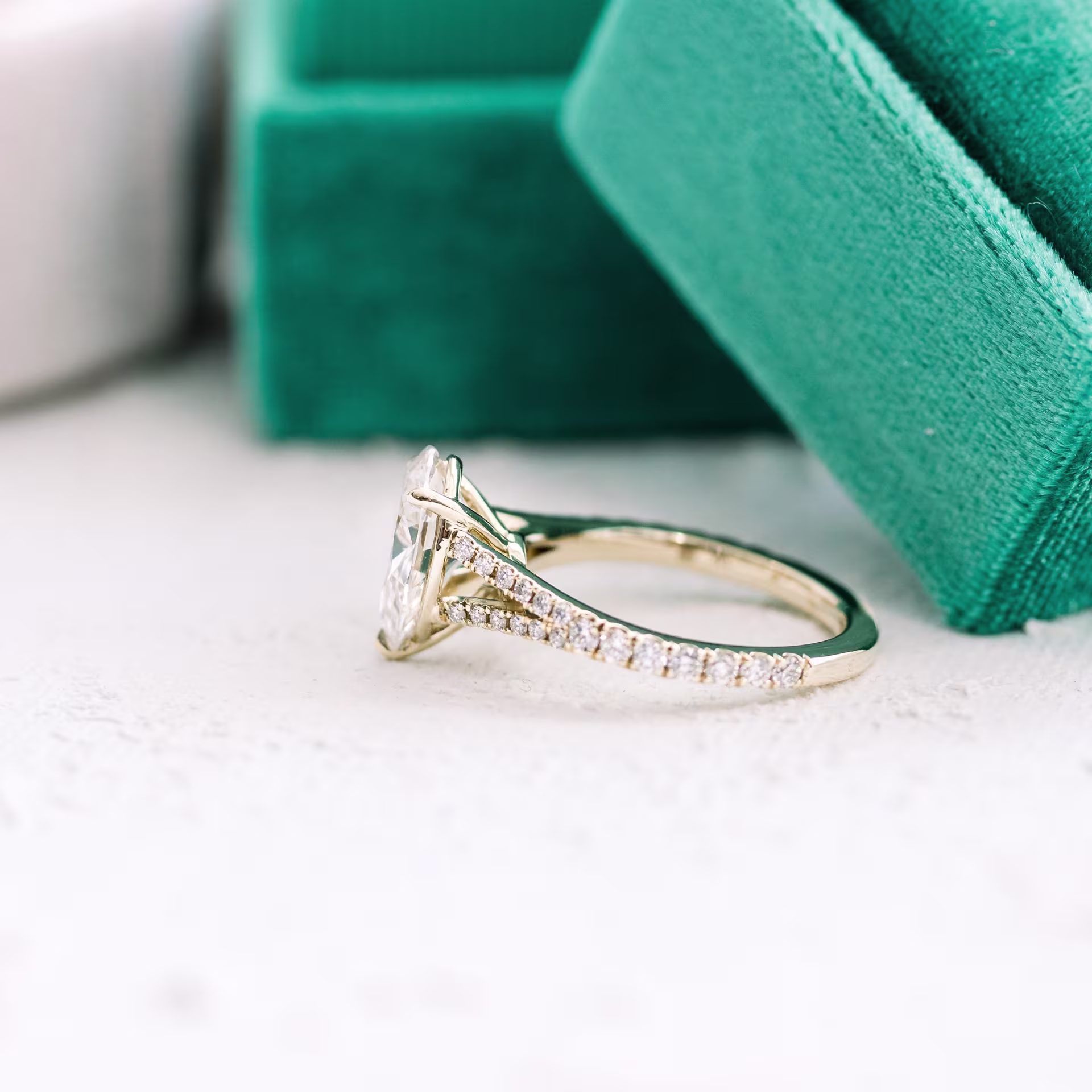 pear lab diamond in split shank setting