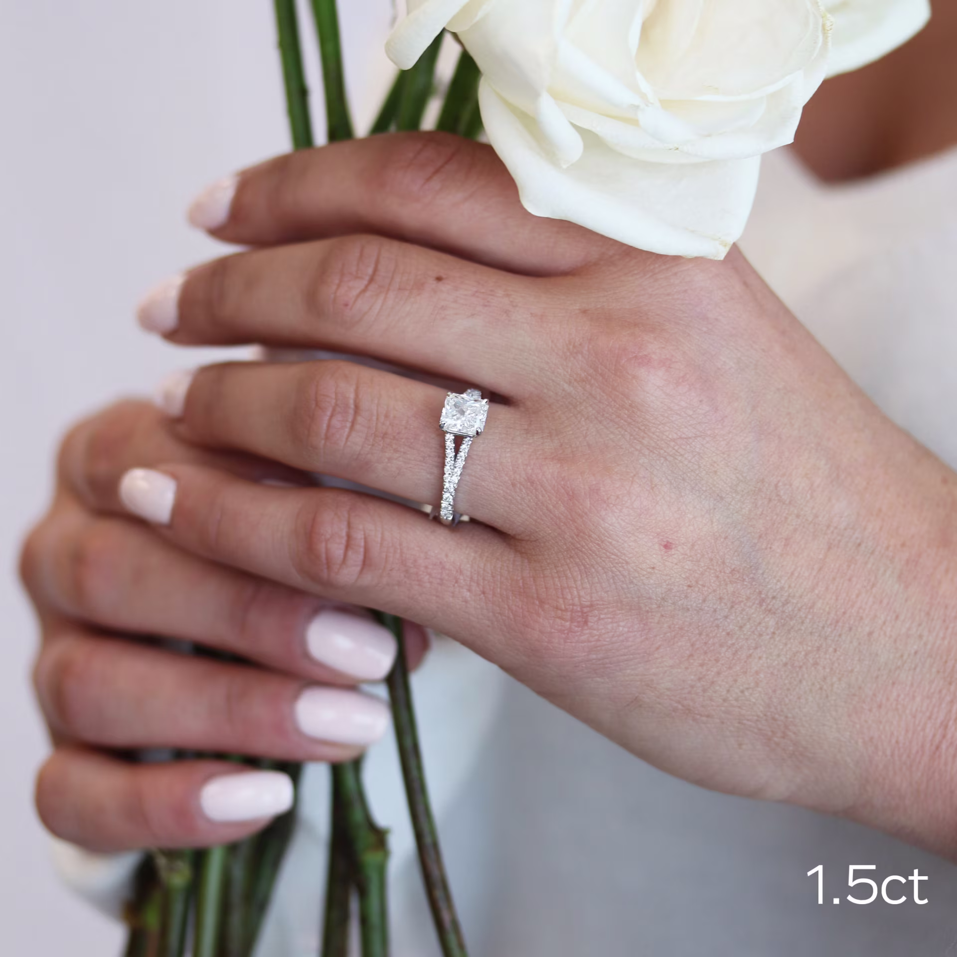 1.5ct radiant cut lab diamond in trellis split shank setting in white gold