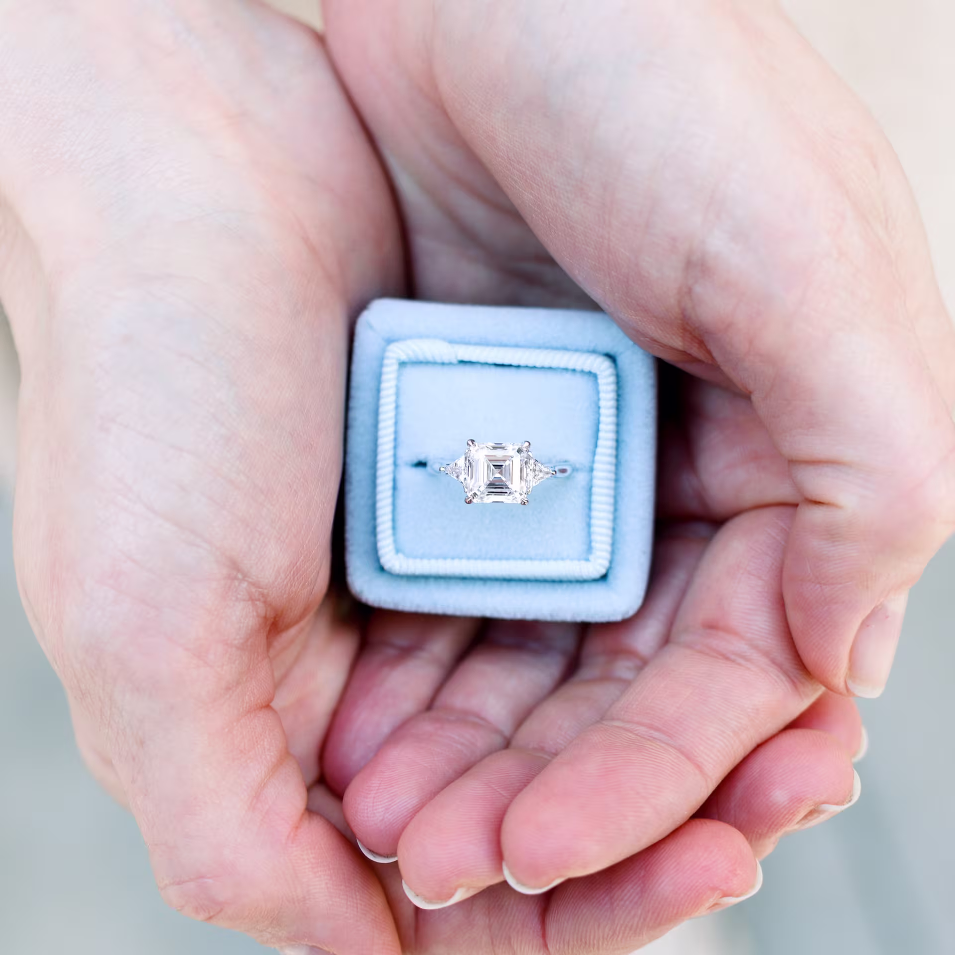 platinum 1.5ct lab made asscher diamond with trillion side stones