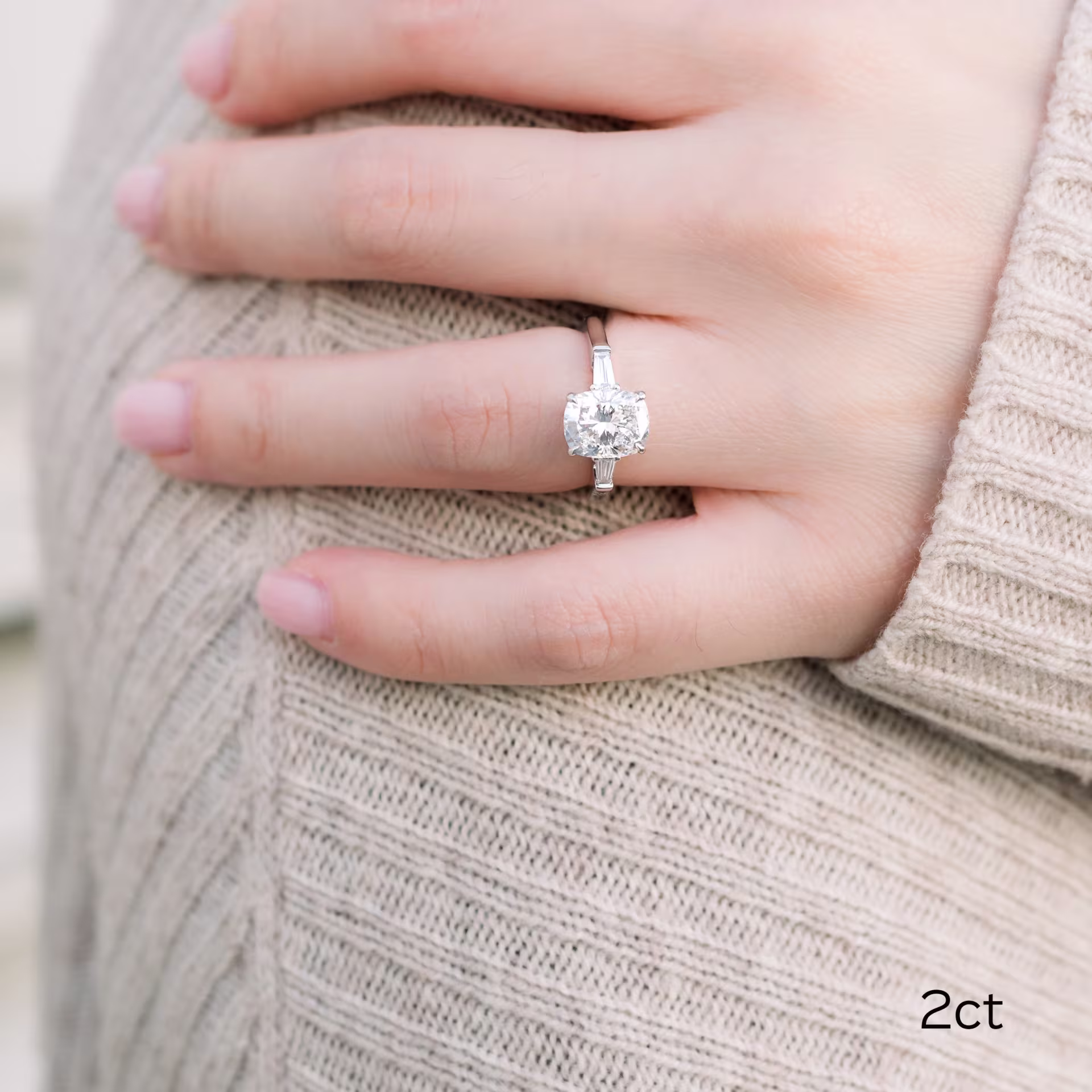 platinum 2.5ct cushion and baguette three stone lab diamond ring on model ada diamonds design ad 471