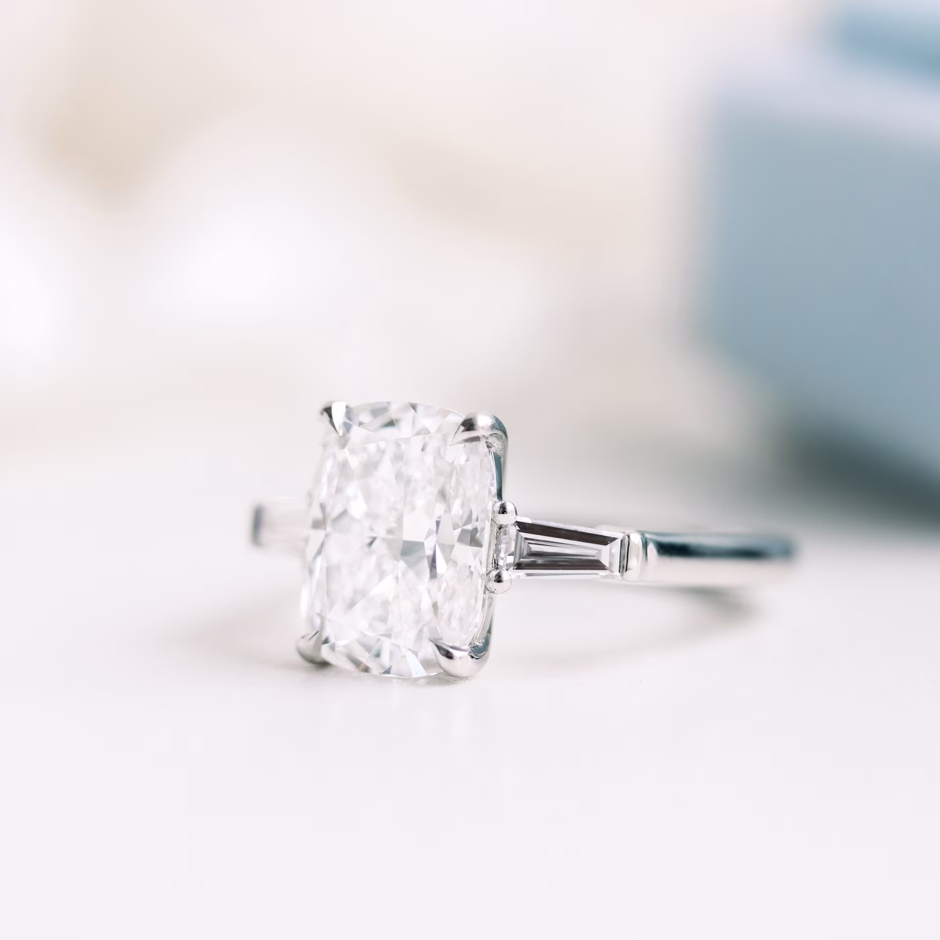 platinum 2.75ct cushion and baguette lab diamond three stone ring ada diamonds design ad 471