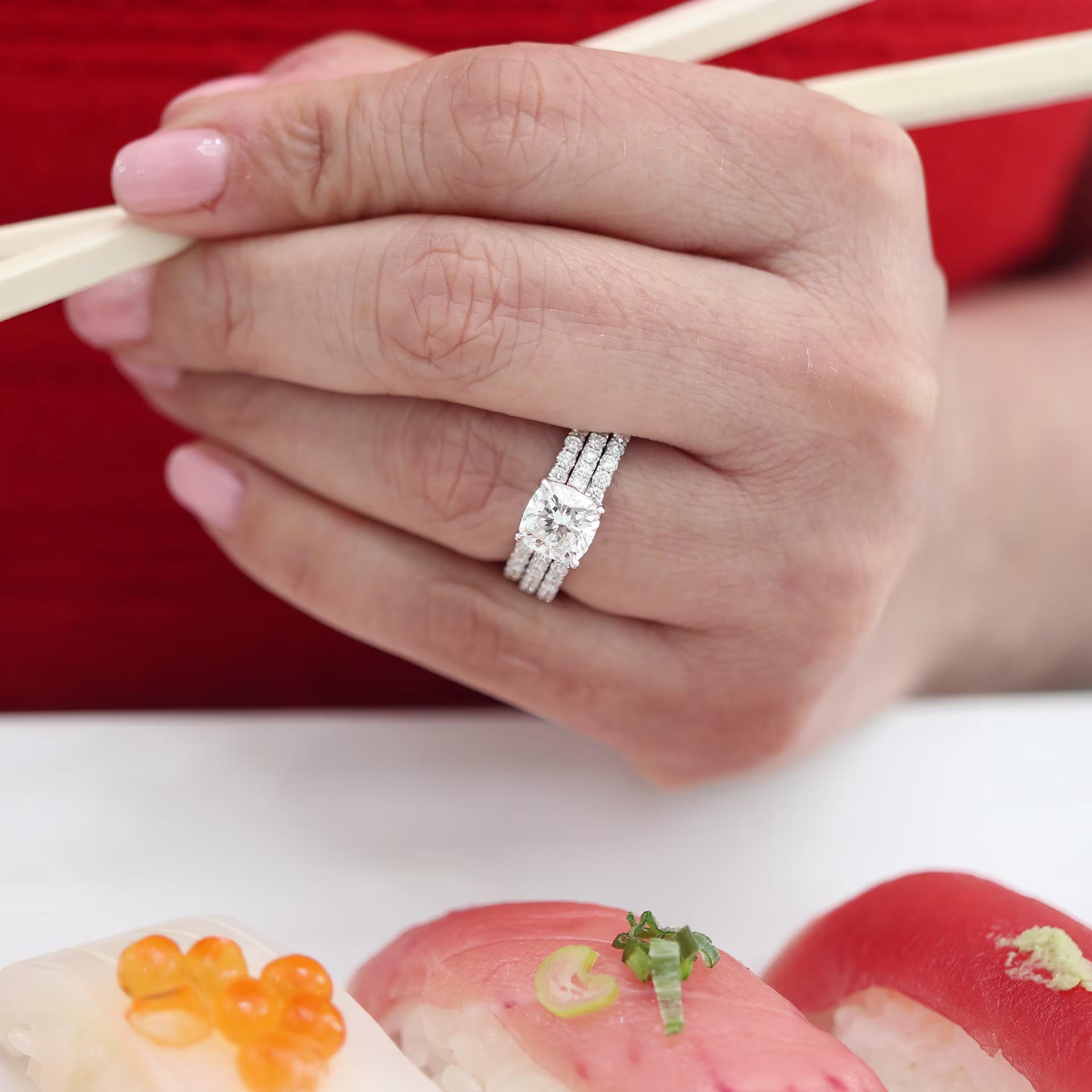 Platinum cushion cut cathedral pave lab diamond engagement ring with three-quarter lab diamond wedding band ada diamonds design-357 and ad-171