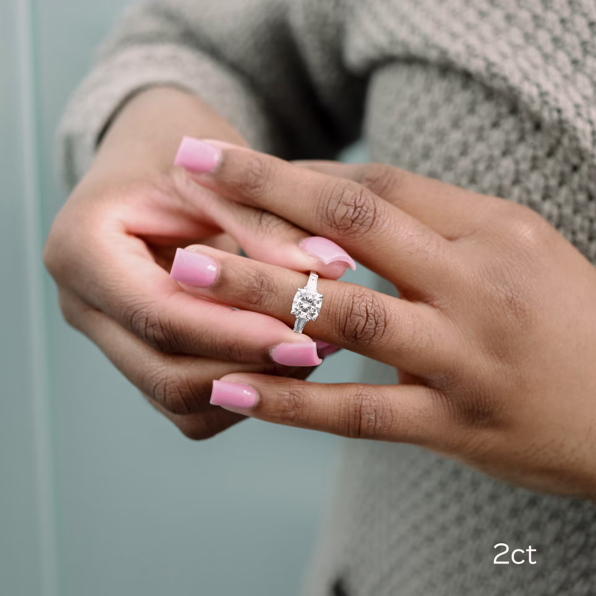 platinum 2 ct cushion cut lab diamond engagement ring with baguette side stones ada diamonds design ad 471