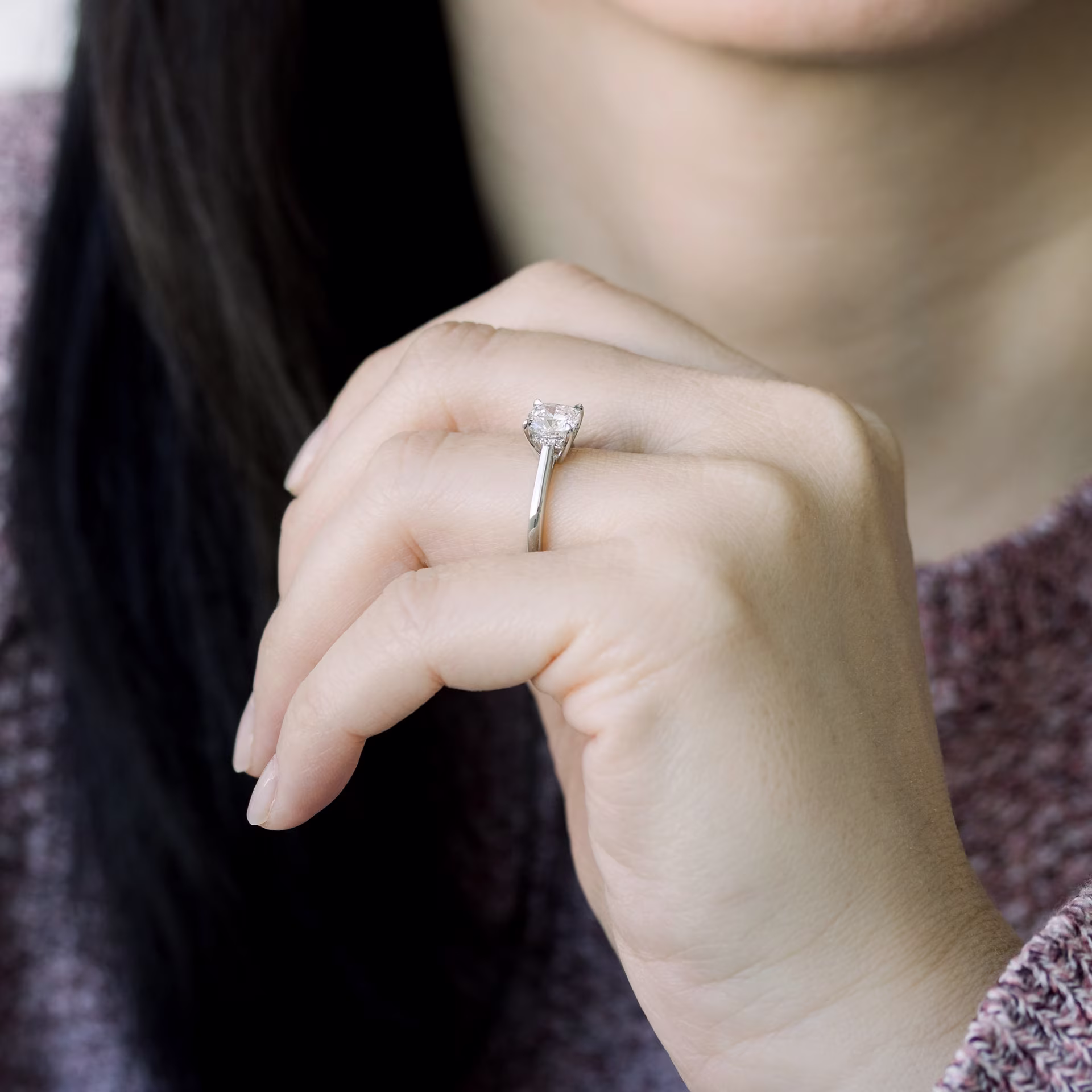 Platinum Cushion Cathedral Solitaire featuring 1.25 ctw Synthetic Diamonds (Side View)