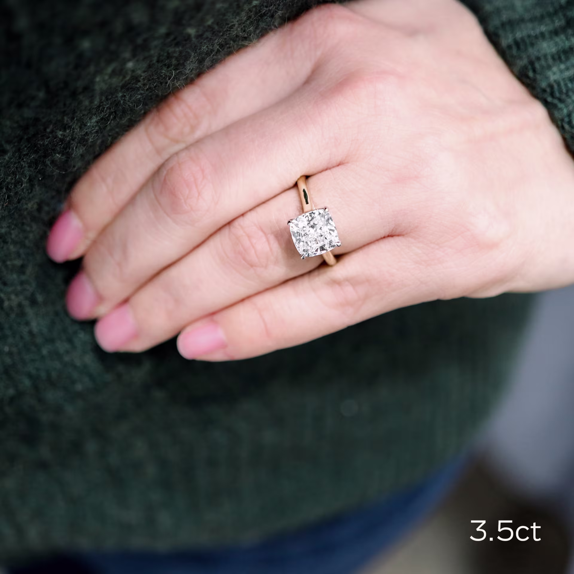 Platinum 3.5 Carat Cushion Cathedral Solitaire Lab Diamond Ring Ada Diamonds Design AD-334 on Model