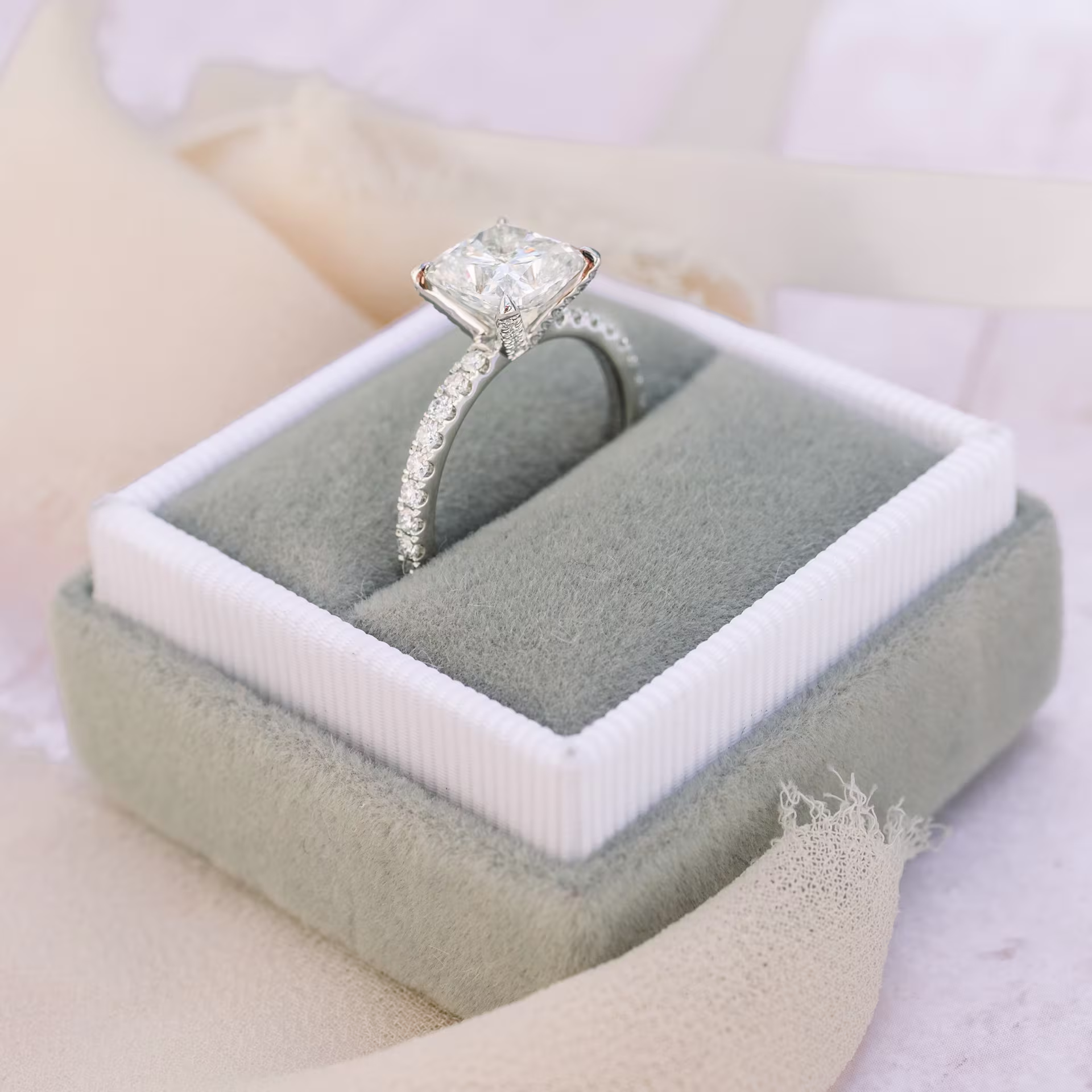 18k White Gold 3ct Square Cushion Cut Lab Diamond Pavé Ring Profile View