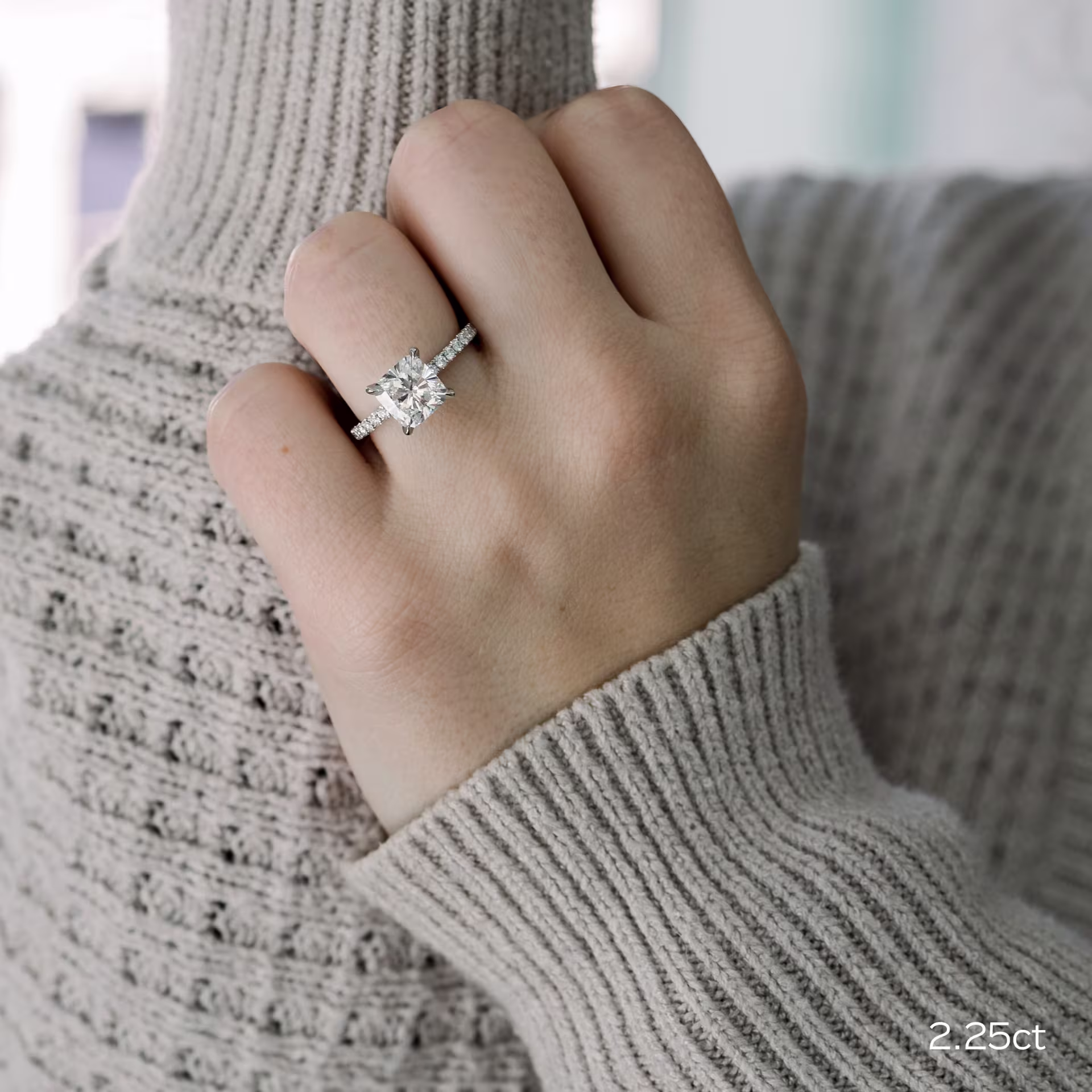 Platinum 3 Carat Cushion Cut Lab Diamond In Classic Four Prong Pavé Setting Ada Diamonds Design AD-358 on Model