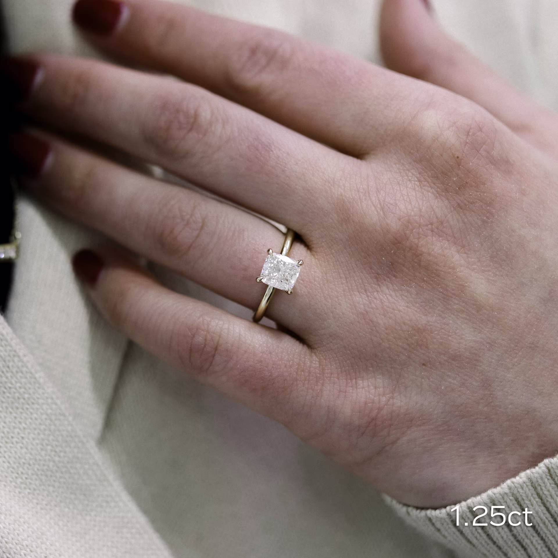 1 Carat Cushion Solitaire Engagement Ring with Lab Diamond Ada Diamonds Design AD-335 on Model