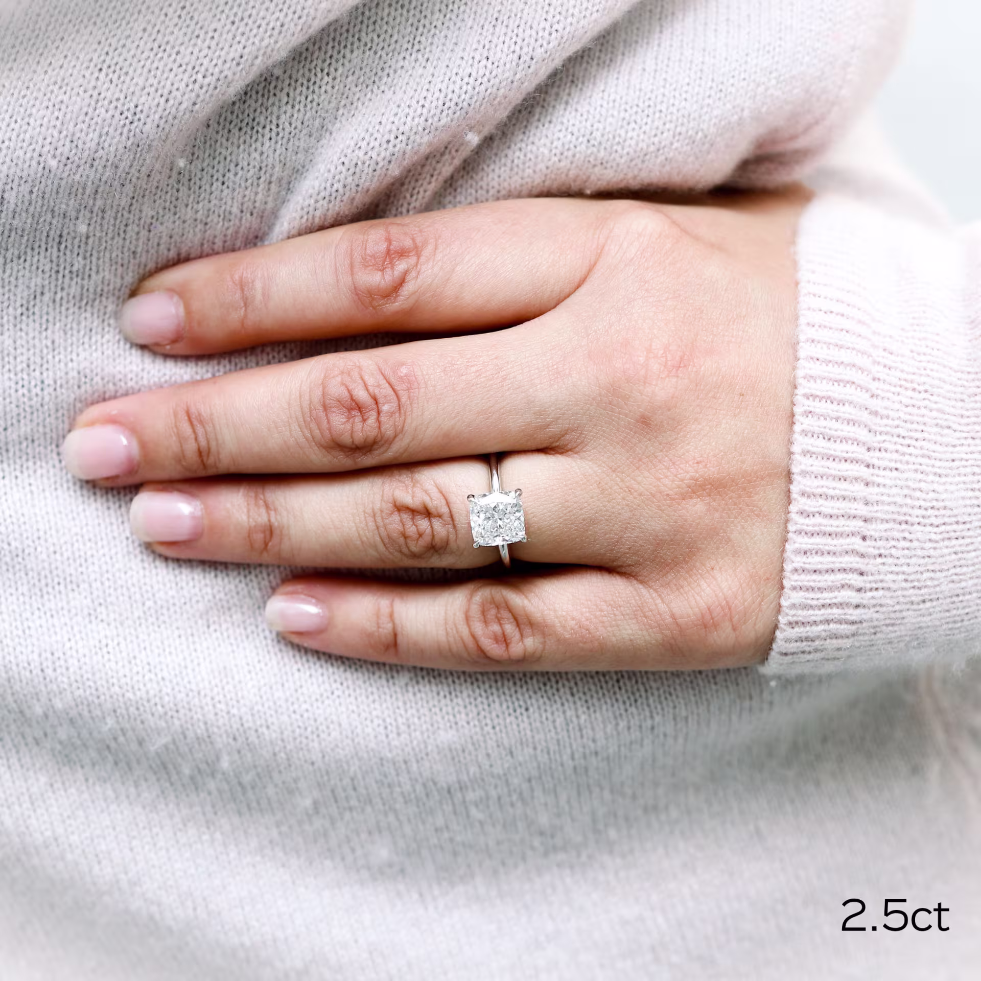 2.5ct cushion cut lab diamond in classic four prong solitaire